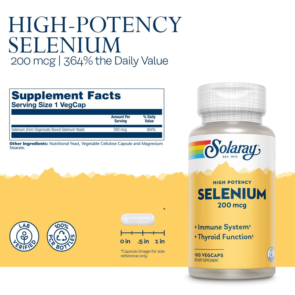 Solaray Selenium 200 mcg High Potency - 100 VegCaps | Immune, Thyroid & Antioxidant Support