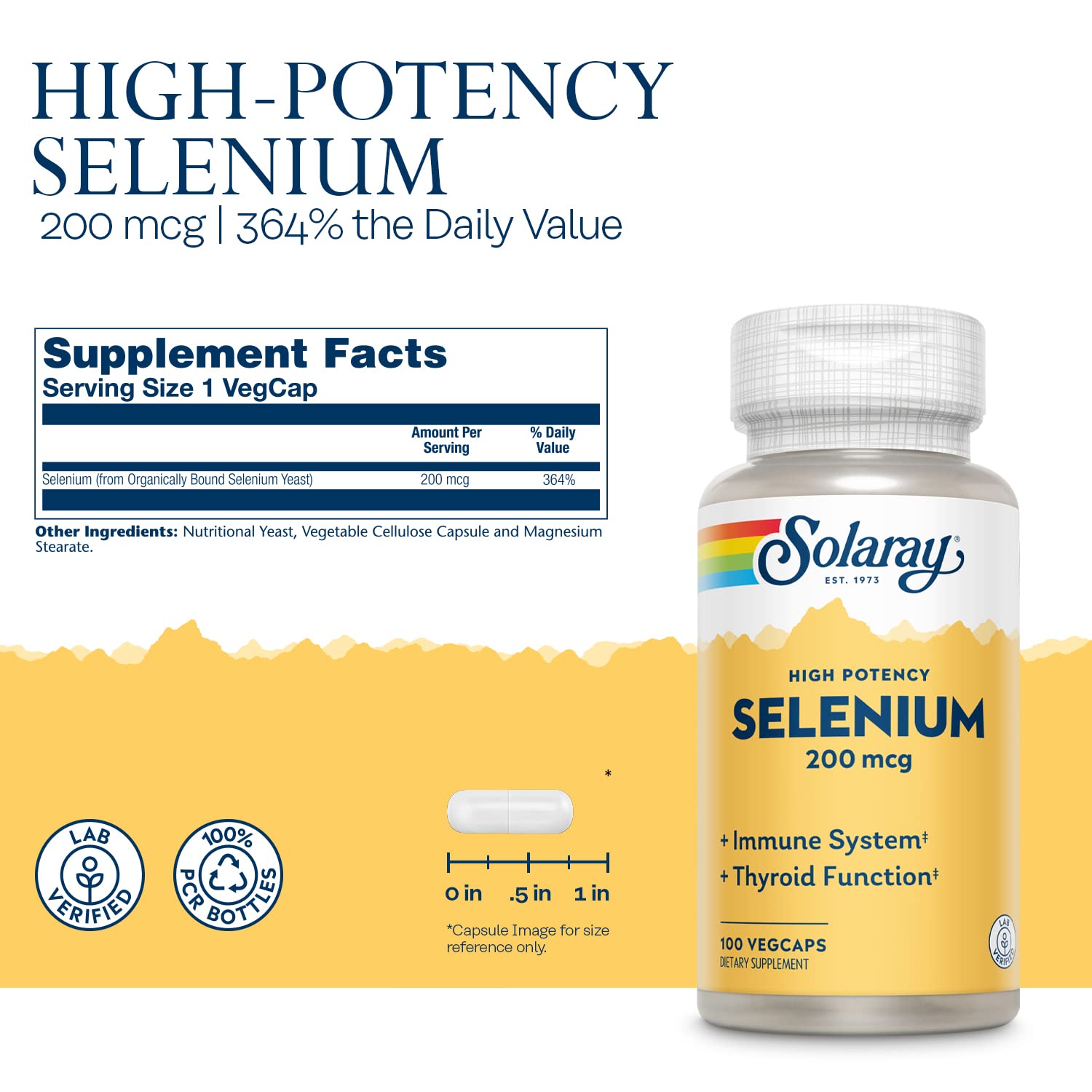 Solaray Selenium 200 mcg High Potency - 100 VegCaps | Immune, Thyroid & Antioxidant Support