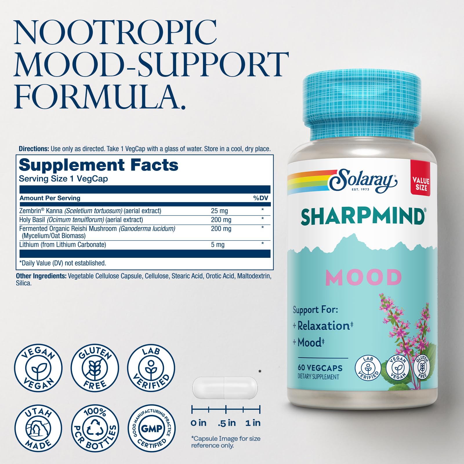 SOLARAY SharpMind Mood Support Supplement - Nootropic for Relaxation & Emotional Well-Being