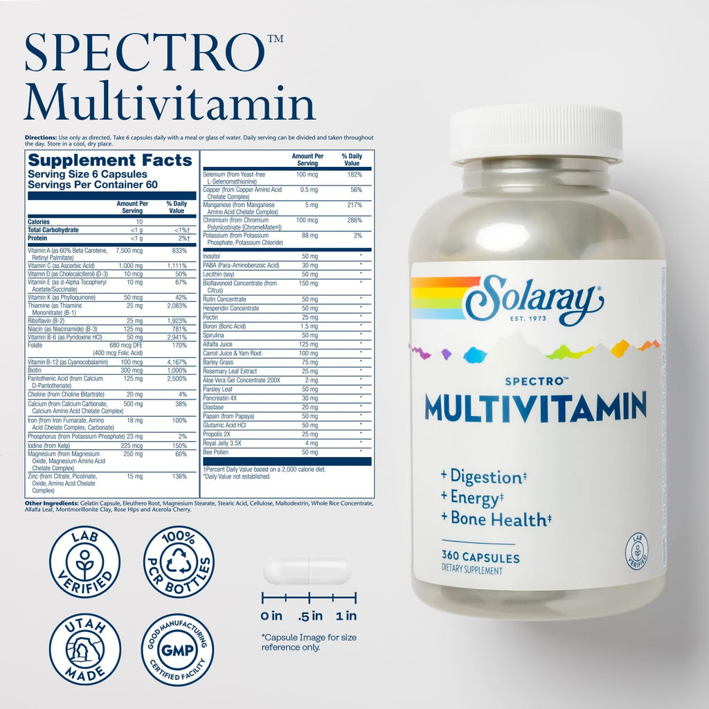 SOLARAY Spectro Multivitamin with Iron – Energy, Digestion & Bone Health (60 Servings, 360 Capsules)