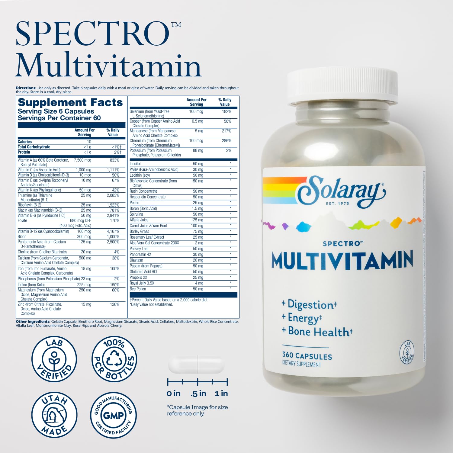 SOLARAY Spectro Multivitamin with Iron – Energy, Digestion & Bone Health (60 Servings, 360 Capsules)