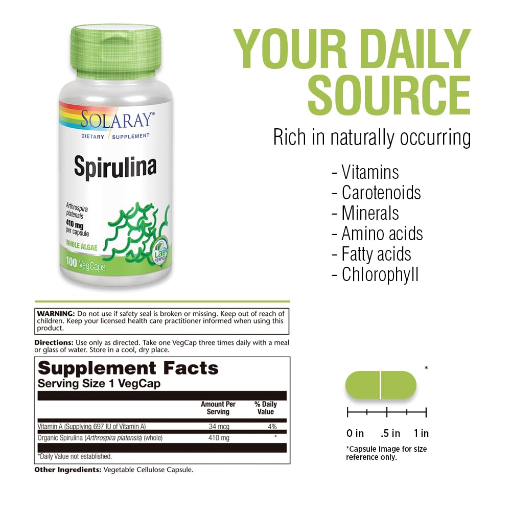 SOLARAY Spirulina 410mg – Algae Superfood for Energy, Vitality & Overall Health | 100ct, 100 Serv.