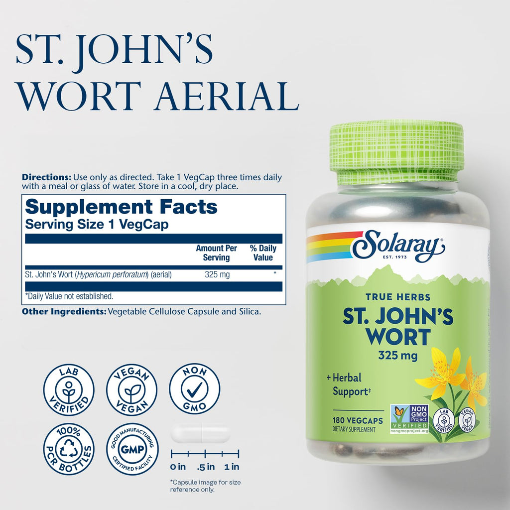 SOLARAY St Johns Wort 325 mg - 180 VegCaps | Mood Support, Non-GMO, Vegan, Lab Verified | 60-Day Money Back