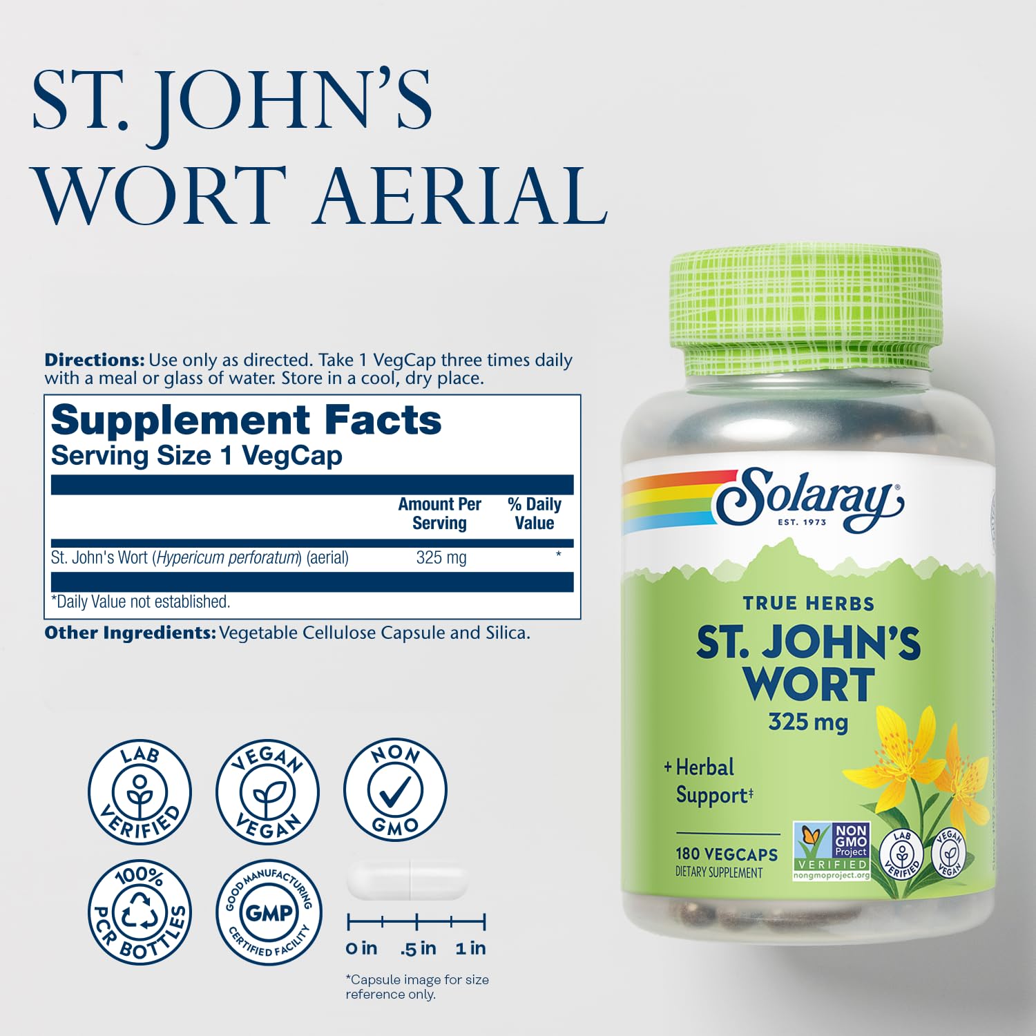SOLARAY St Johns Wort 325 mg - 180 VegCaps | Mood Support, Non-GMO, Vegan, Lab Verified | 60-Day Money Back