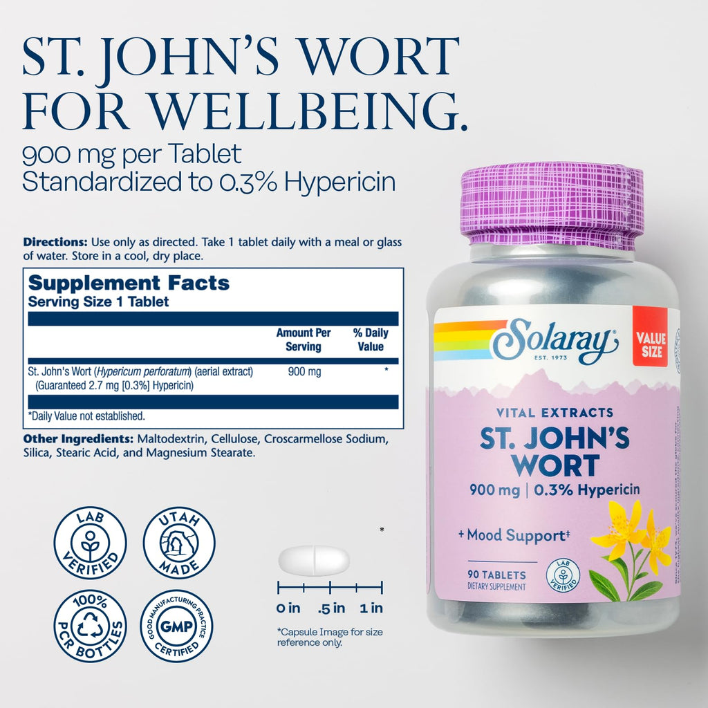 SOLARAY St Johns Wort Aerial Extract 900mg – 0.3% Hypericin, Non-GMO, 90 Servings