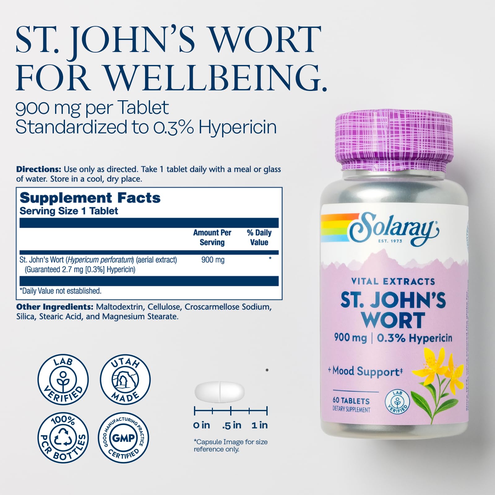 SOLARAY St. John's Wort 900mg – One Daily, 60 Servings | Mood & Brain Support