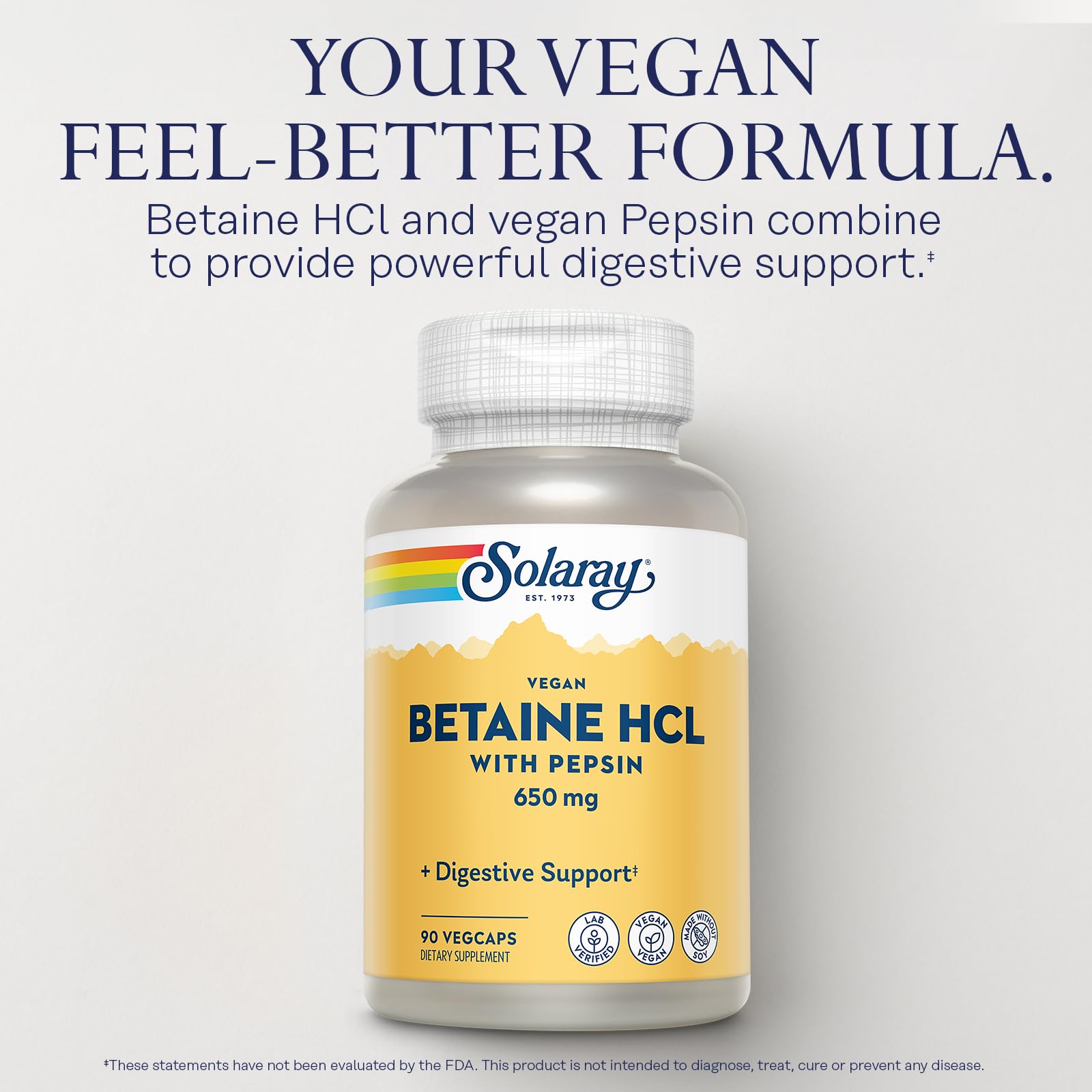 SOLARAY Vegan Betaine HCL with Pepsin - Digestive Health Supplement, 90 VegCaps | 60-Day Guarantee