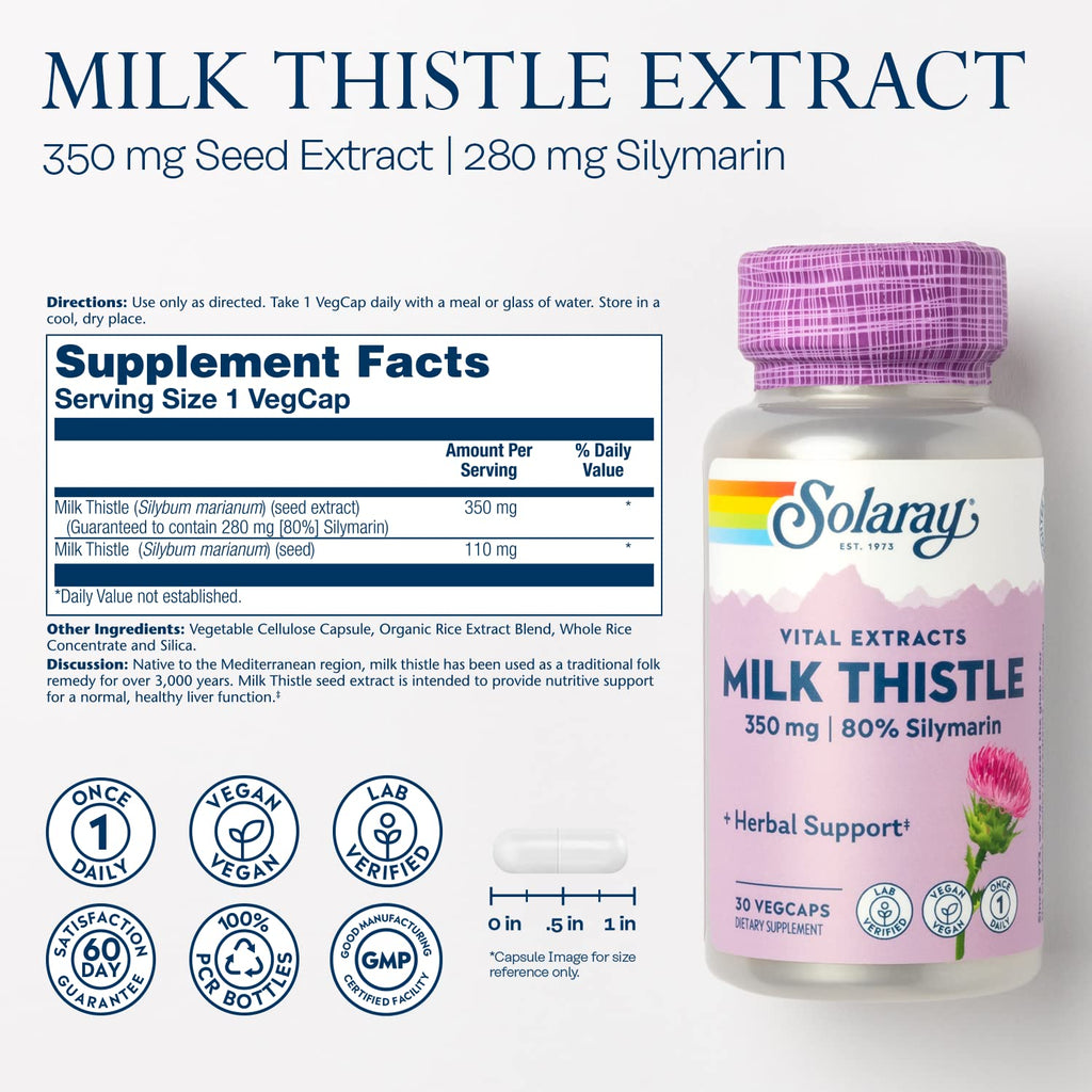SOLARAY Milk Thistle Seed Extract 350 mg – 80% Silymarin | Vegan Liver Support | 60-Day Guarantee | 30 Servings