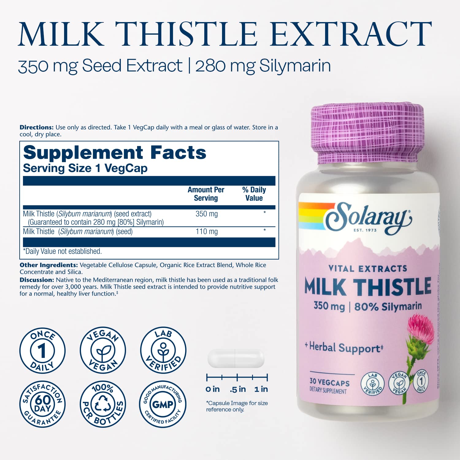 SOLARAY Milk Thistle Seed Extract 350 mg – 80% Silymarin | Vegan Liver Support | 60-Day Guarantee | 30 Servings