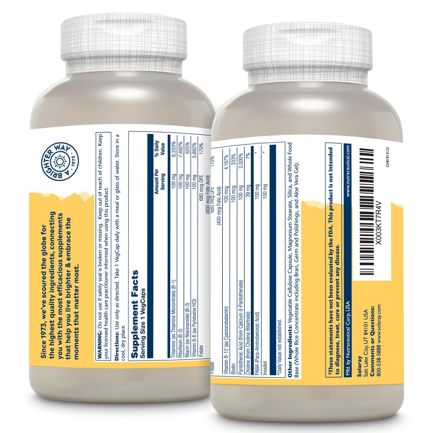 SOLARAY Vitamin B Complex 100 mg, 275 VegCaps | Energy, Immune & Nerve Support | Vegan