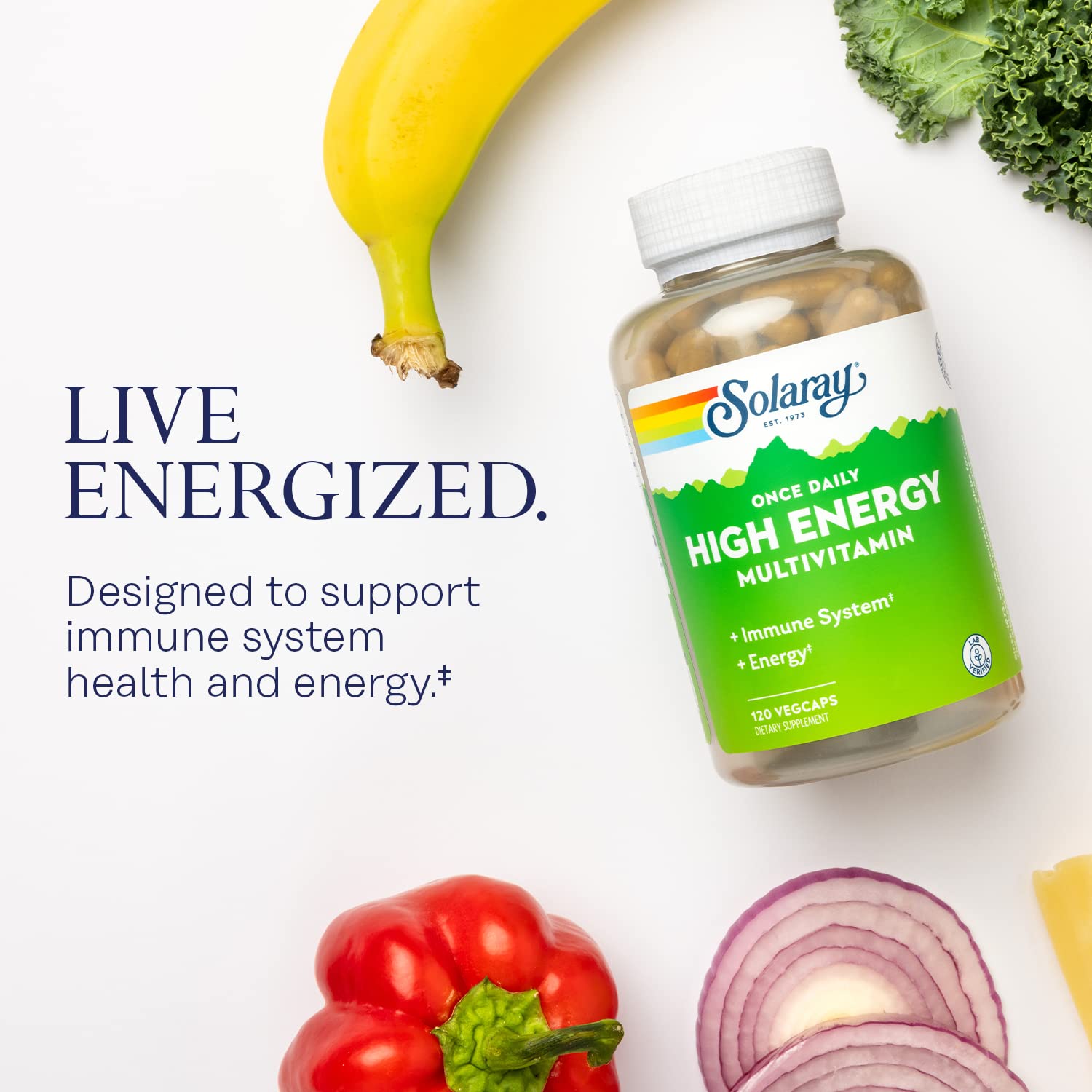 Solaray Once Daily High Energy Multivitamin for Women & Men – Immune Support, B Complex, Vitamins C, D, E | 120 VegCaps