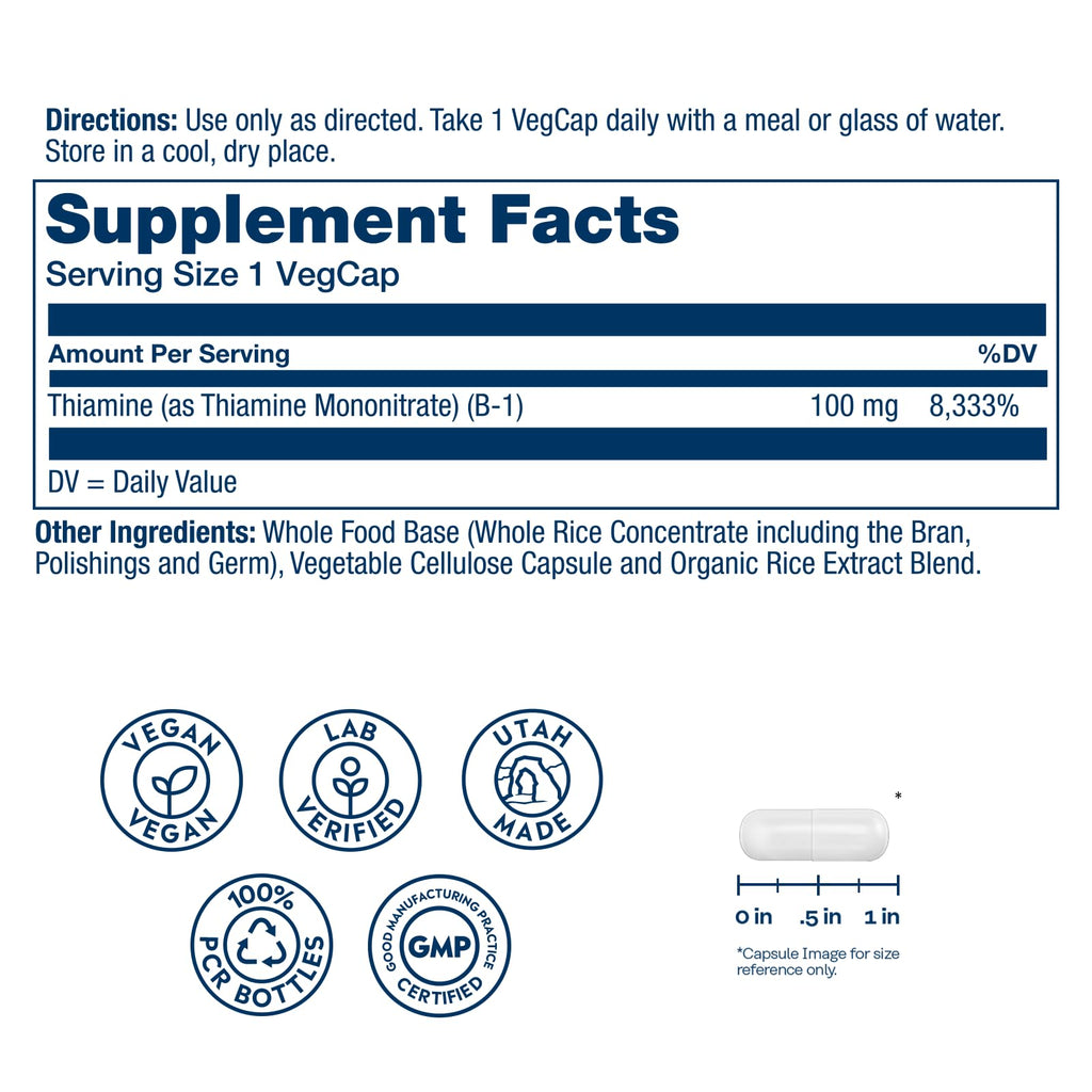 SOLARAY Vitamin B1 100mg (Thiamine) – Cellular Energy & Nervous System Support | Vegan | 100 Servings