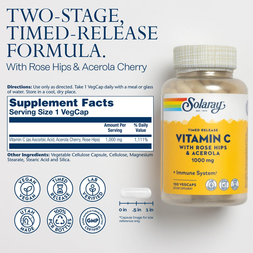 SOLARAY Vitamin C 1000mg Time Release – Rose Hips & Acerola – Vegan, 100 Servings