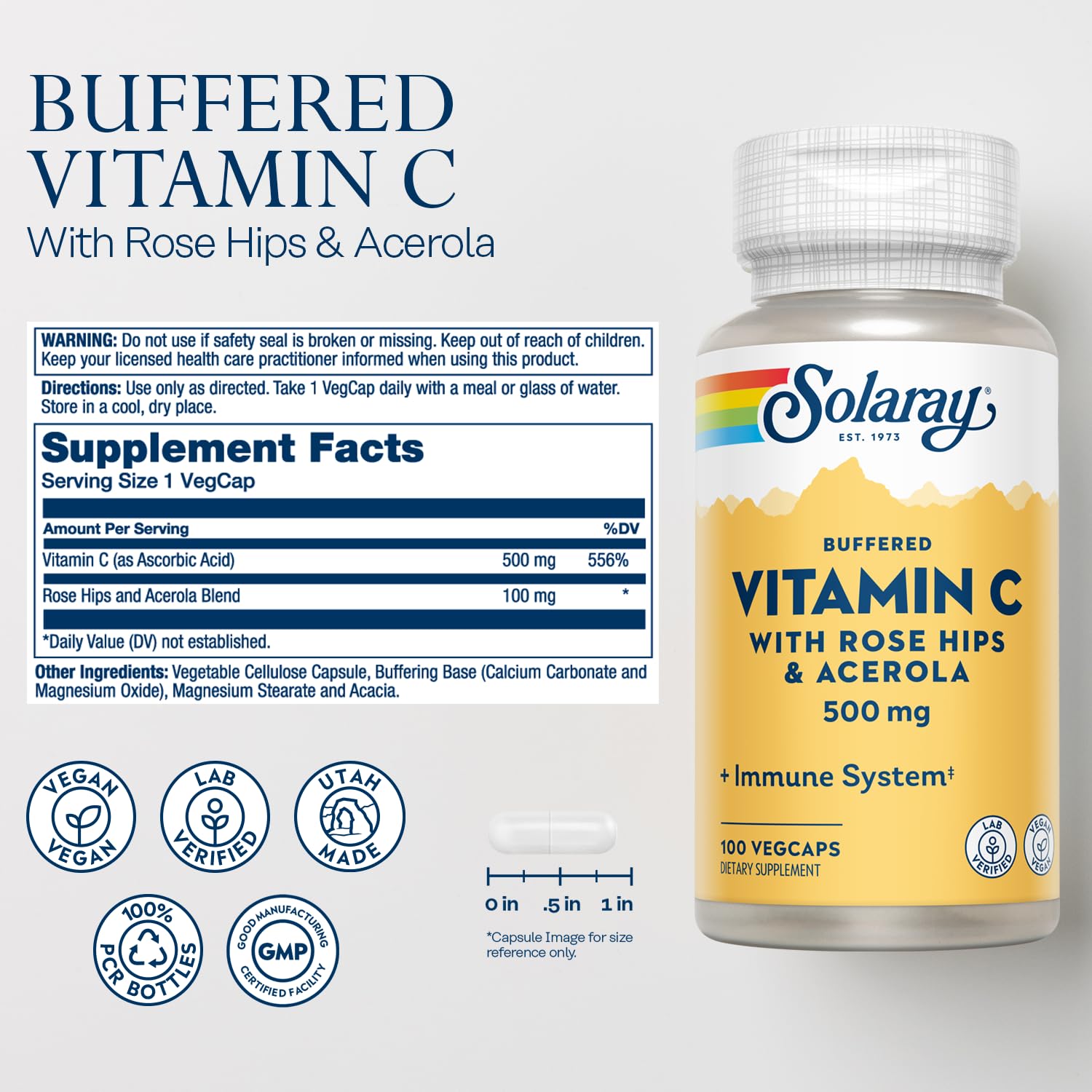 SOLARAY Buffered Vitamin C 500mg + Rose Hips & Acerola | Immune Support