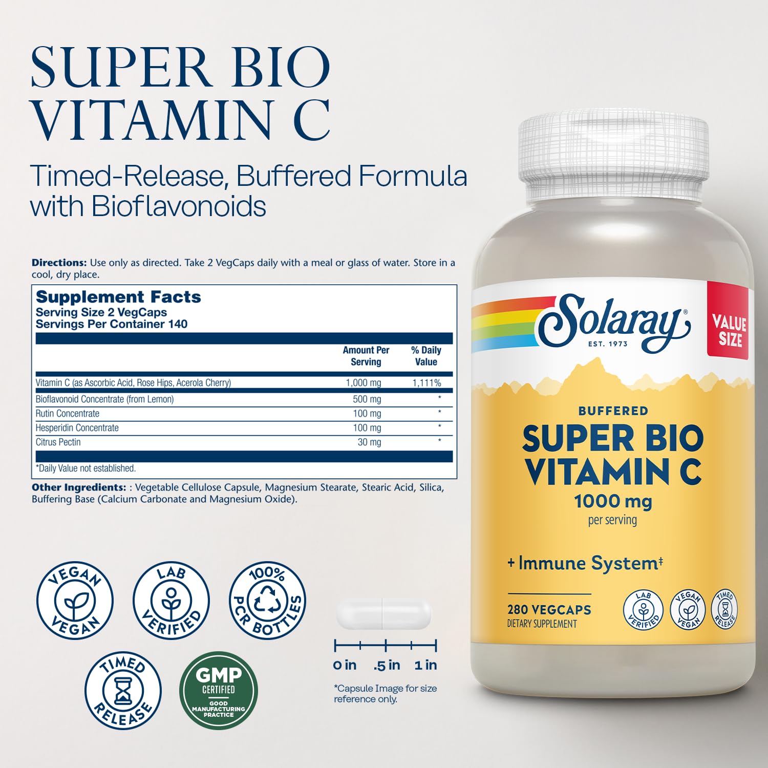 Solaray Vitamin C 1000mg - Two-Stage Timed Release with Bioflavonoids, Vegan