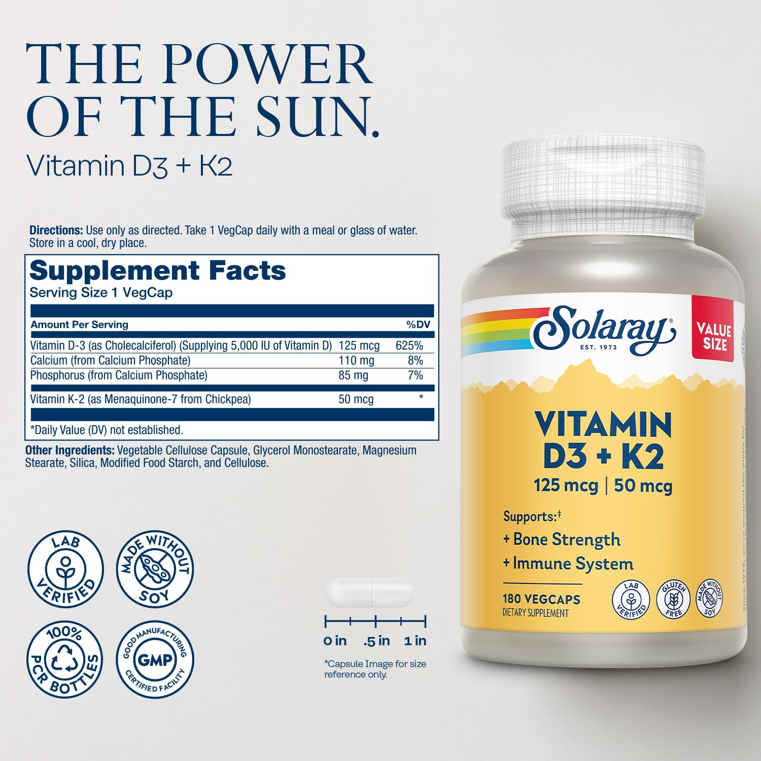 SOLARAY Vitamin D3 K2 5000 IU/50 mcg MK-7 – Bone & Immune Support (Soy-Free, 180 VegCaps)