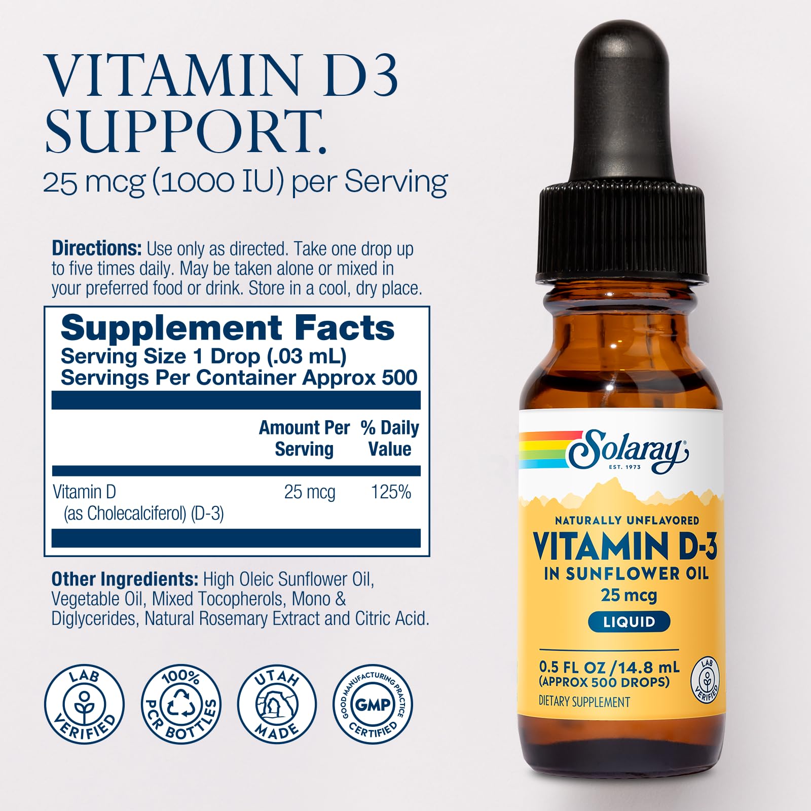 SOLARAY Vitamin D3 Liquid Drops 1000 IU | Enhanced Absorption