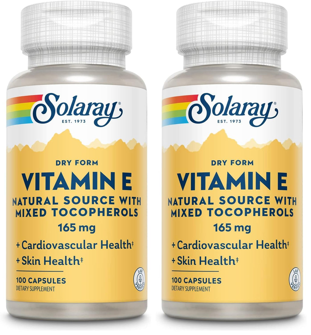 SOLARAY Vitamin E, Dry 200 IU w/Mixed Tocopherols | Healthy Cardiac Function & Skin Health Support | 100ct (Pack of 2)