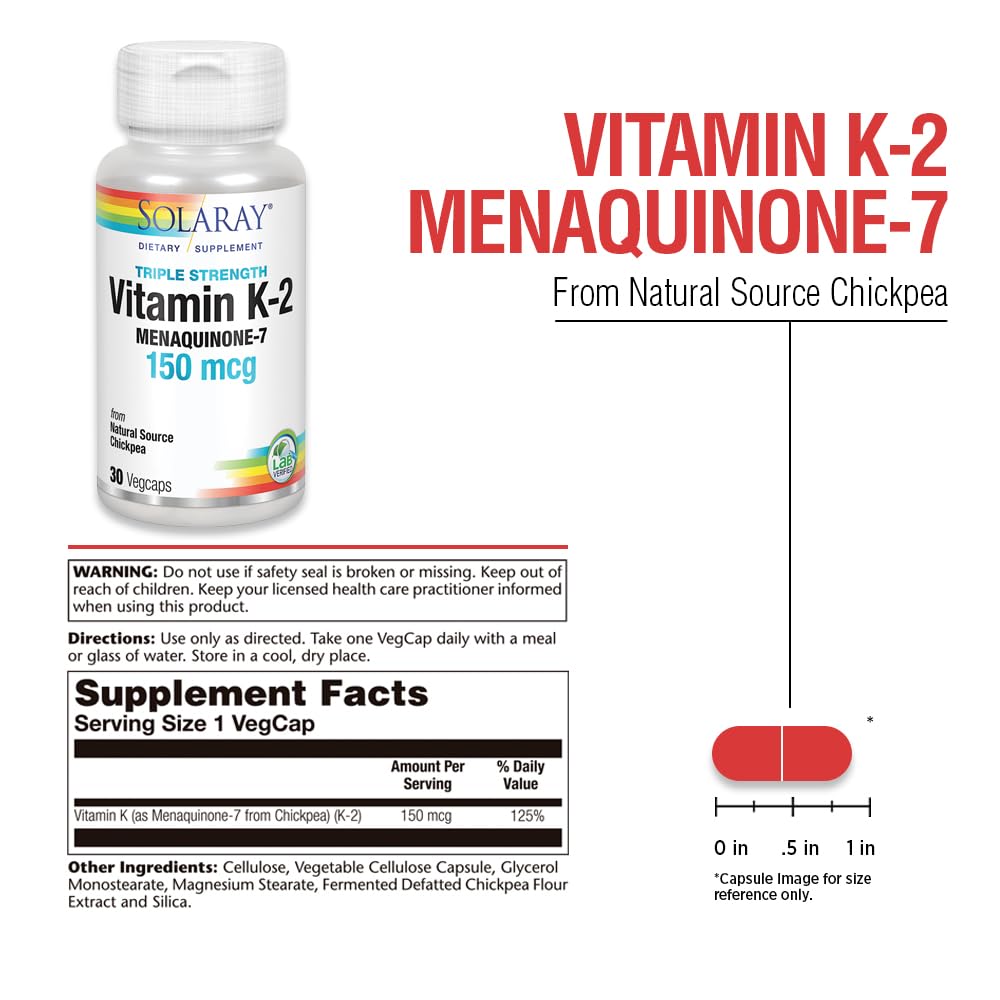 Solaray Vitamin K-2 MK-7 150 mcg Triple Strength | Heart & Bone Health | 30 ct