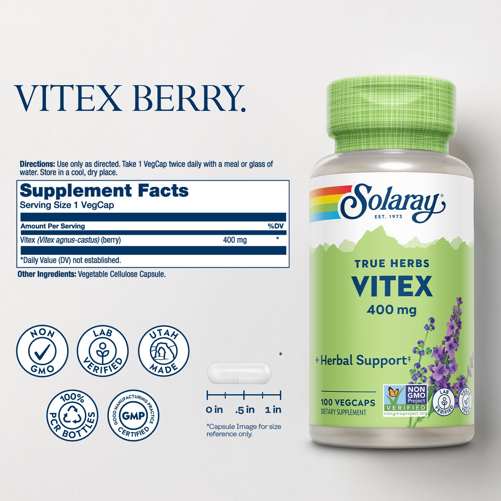 SOLARAY Vitex Berry 400mg | Hormone Balance Support for PMS, Menstruation & Menopause | 100 Count