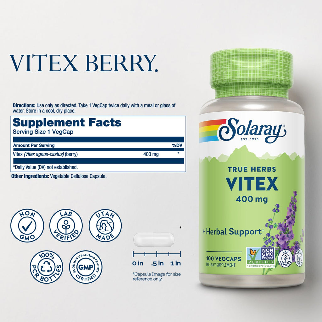 SOLARAY Vitex Berry 400mg | Hormone Balance Support for PMS, Menstruation & Menopause | 100 Count