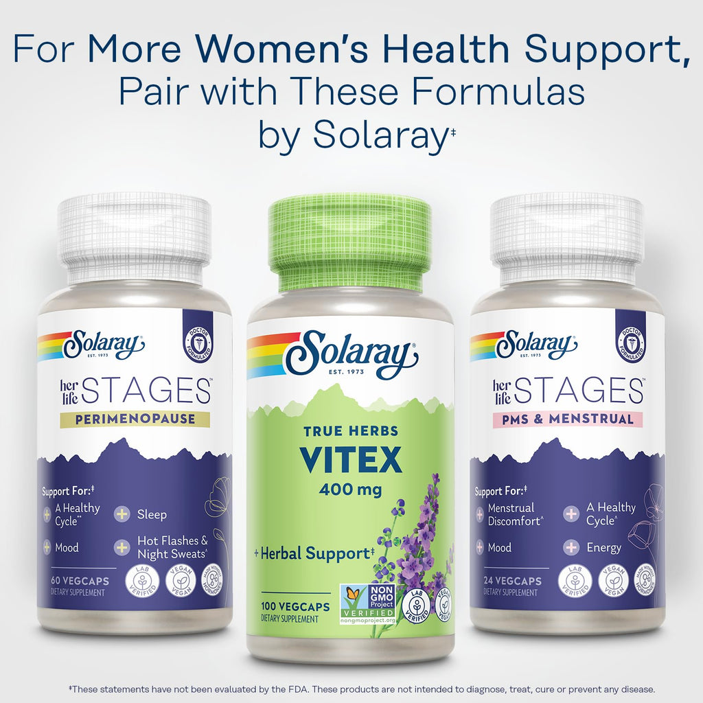 SOLARAY Vitex Berry 400mg | Hormone Balance Support for PMS, Menstruation & Menopause | 100 Count