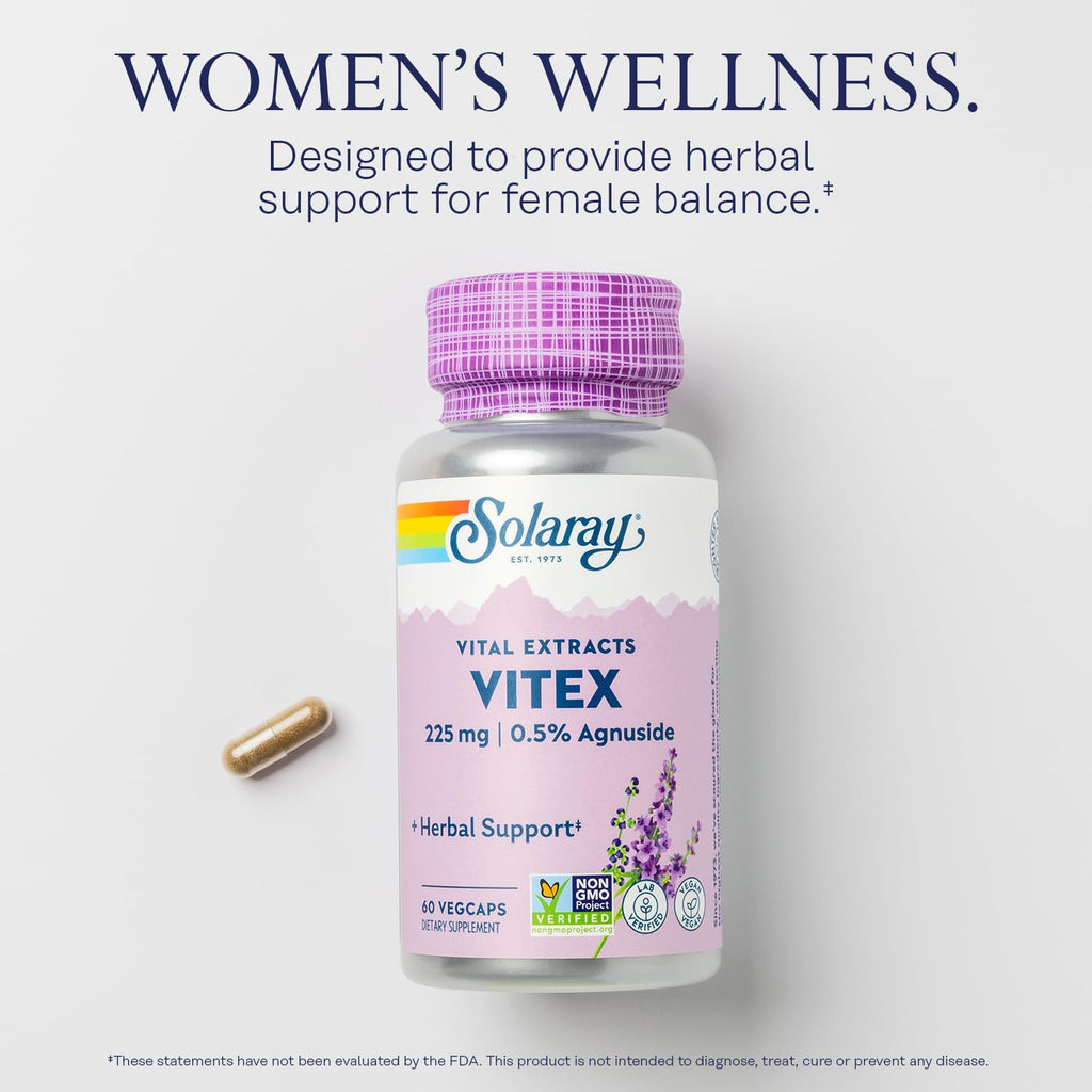 SOLARAY Vitex Berry Extract 225 mg – Chasteberry Supplement for Women | Hormone Balance, Vegan, Lab Verified | 60 Servings