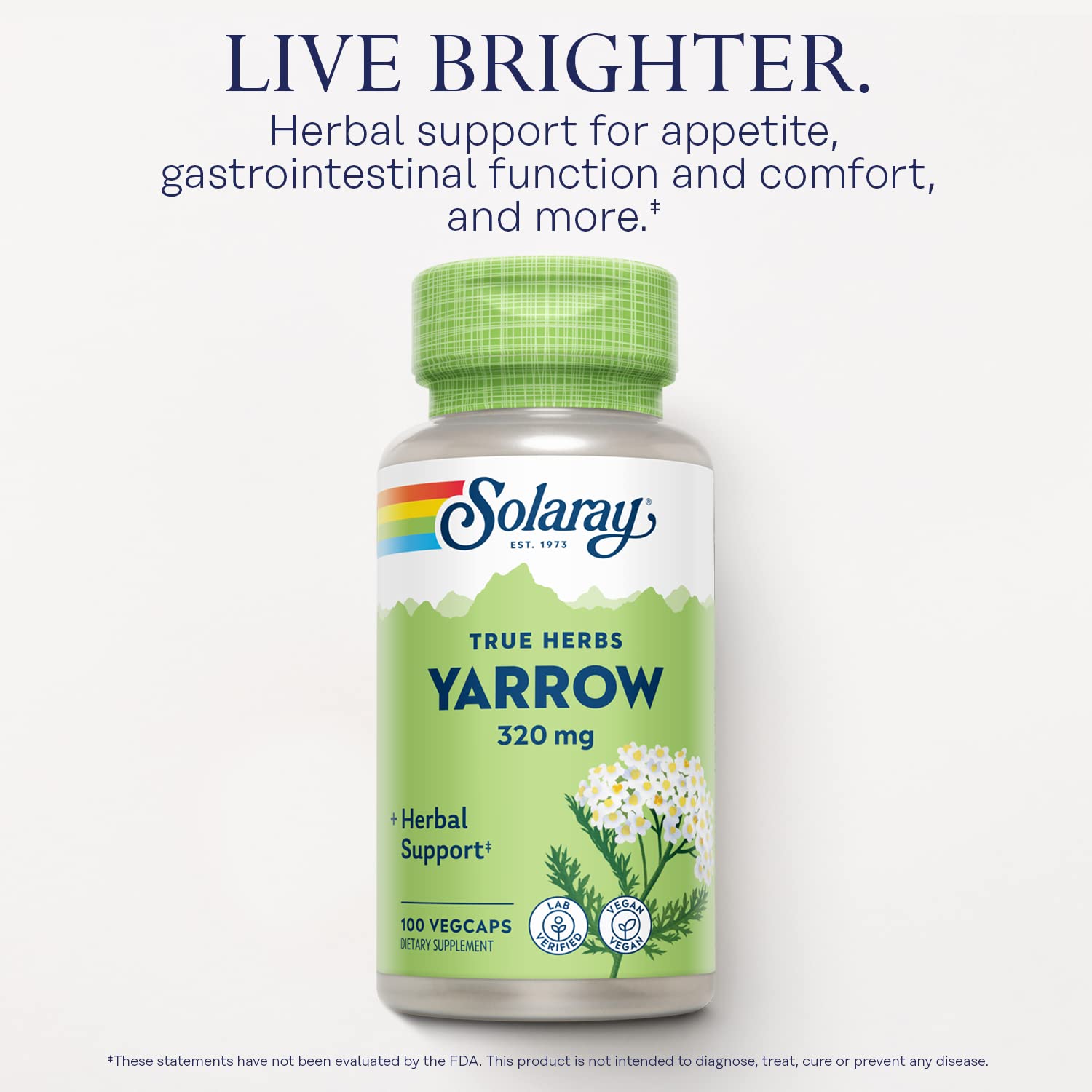 SOLARAY True Herbs Yarrow 320mg, Whole Aerial - Yarrow Herbal Supplements for Wellness Support - Non-GMO, Vegan, Gluten Free, Lab Verified, 60-Day Money Back Guarantee - 100 Servings, 100 VegCaps