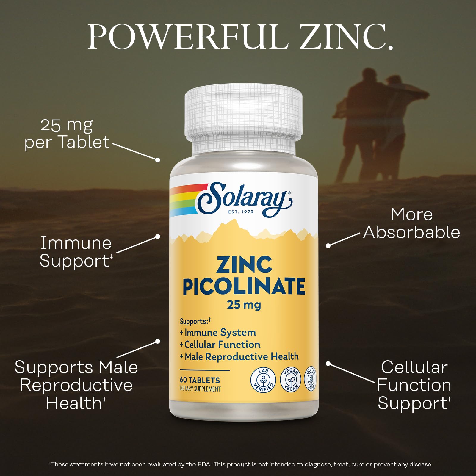 SOLARAY Zinc Picolinate 25 mg – Immune Support • 60 Servings | Vegan, Gluten Free, Lab Verified