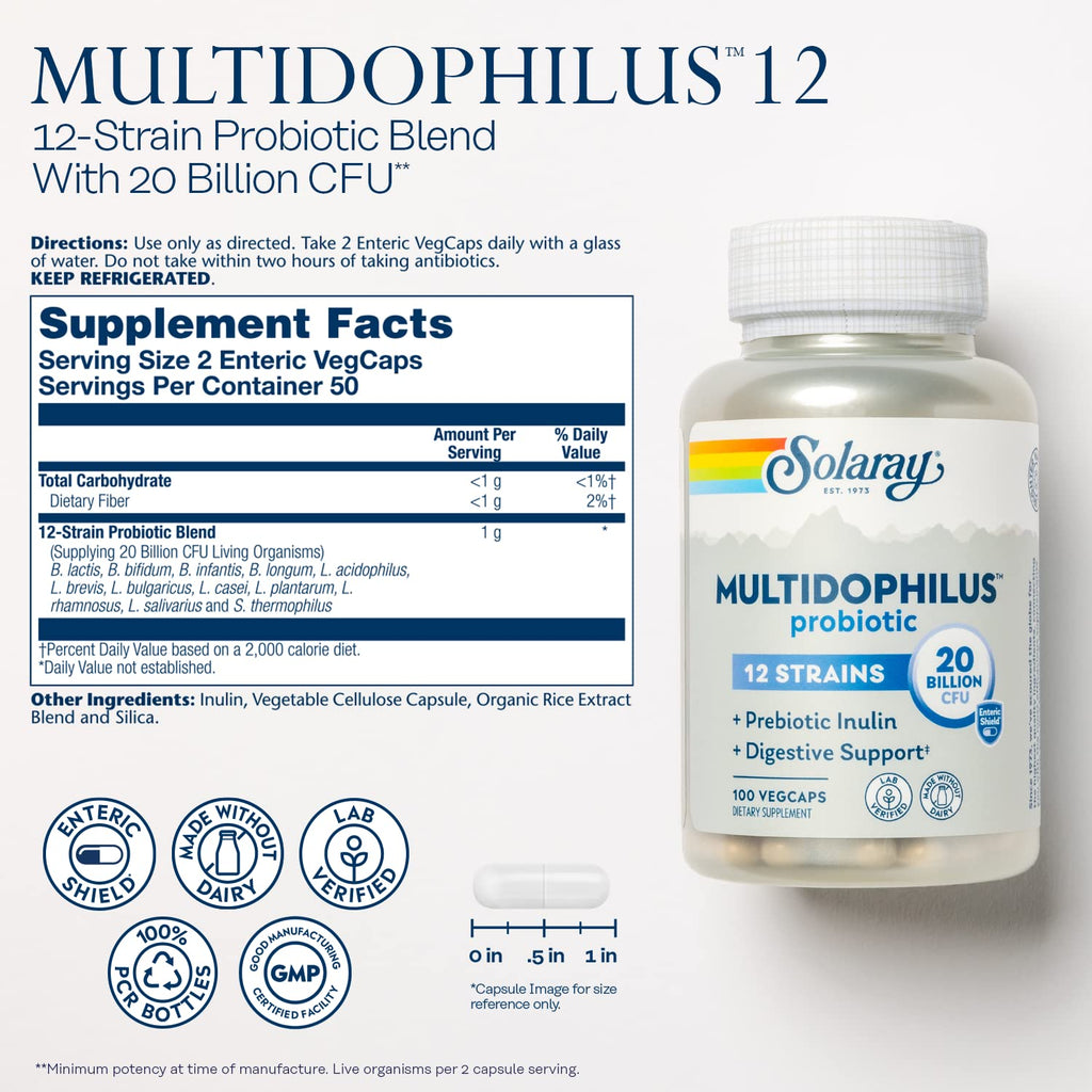 SOLARAY Multidophilus 12 Strain Probiotic – 20 Billion CFU, Digestive Health