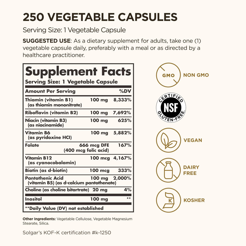 Solgar B-Complex 100 — 250 Veg Capsules for Energy & Nervous System Support | Vegan, Non-GMO