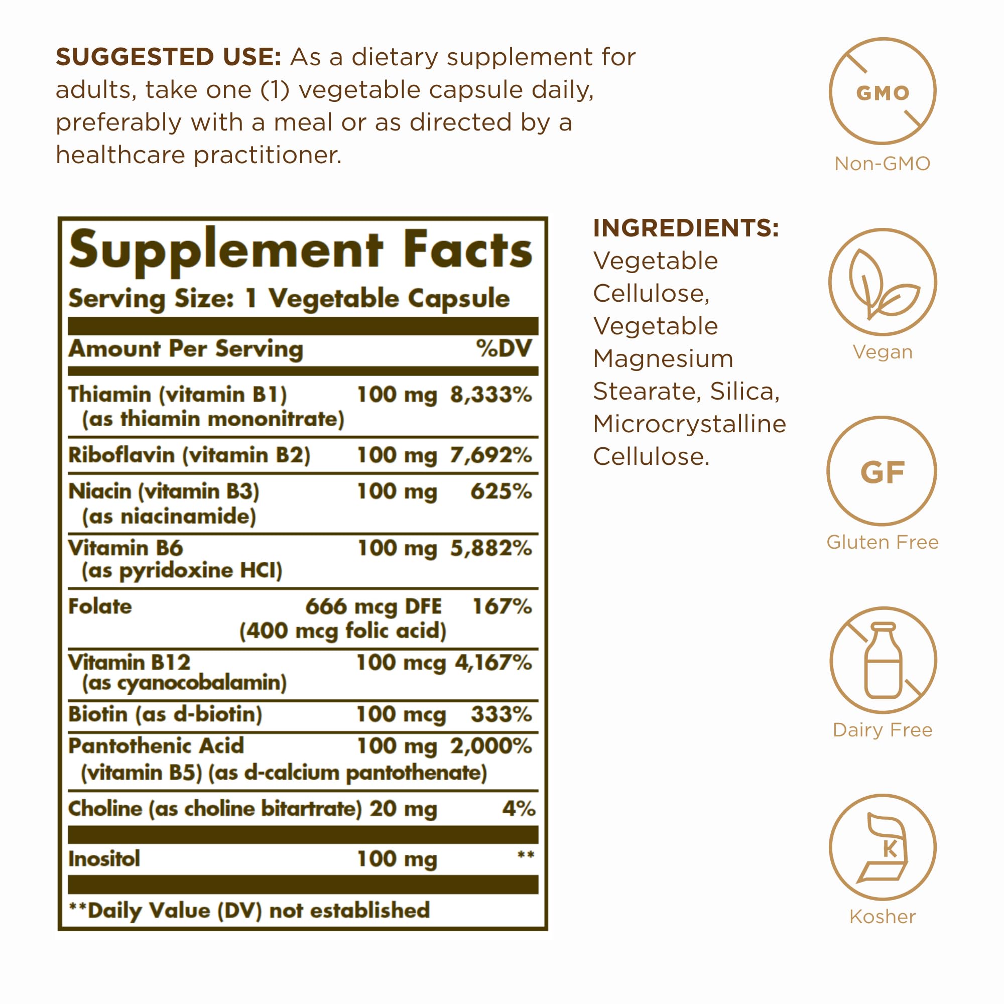 Solgar B-Complex 100 - 50 Veg Capsules (50 Servings) | Nervous System Support, Energy Metabolism, Non-GMO, Vegan, Gluten Free, Dairy Free, Kosher