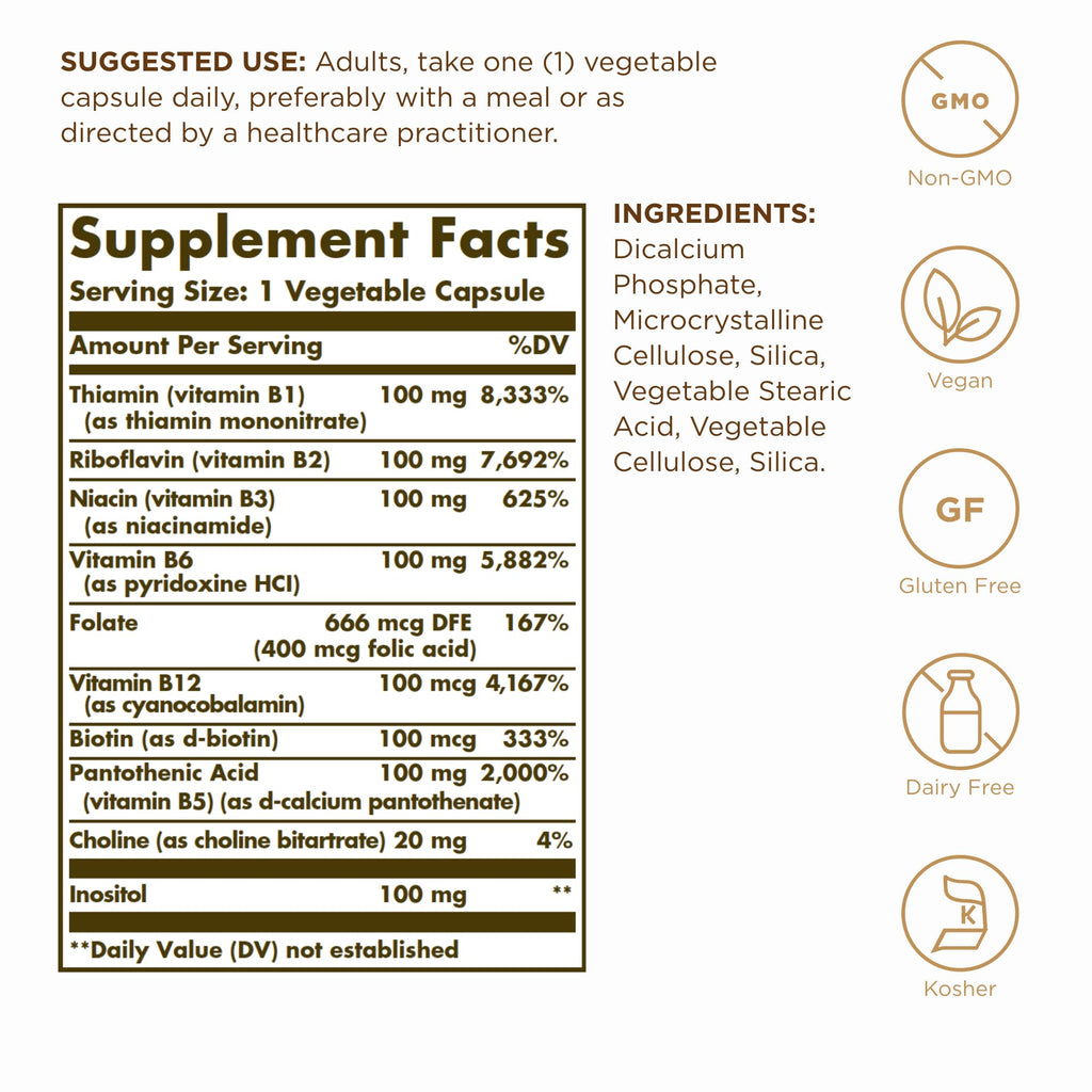 Solgar B-Complex 100 — 200 Total Servings (2x100 Veggie Capsules) for Energy Metabolism, Nervous System & Cardiovascular Support | Non-GMO, Vegan, Gluten Free