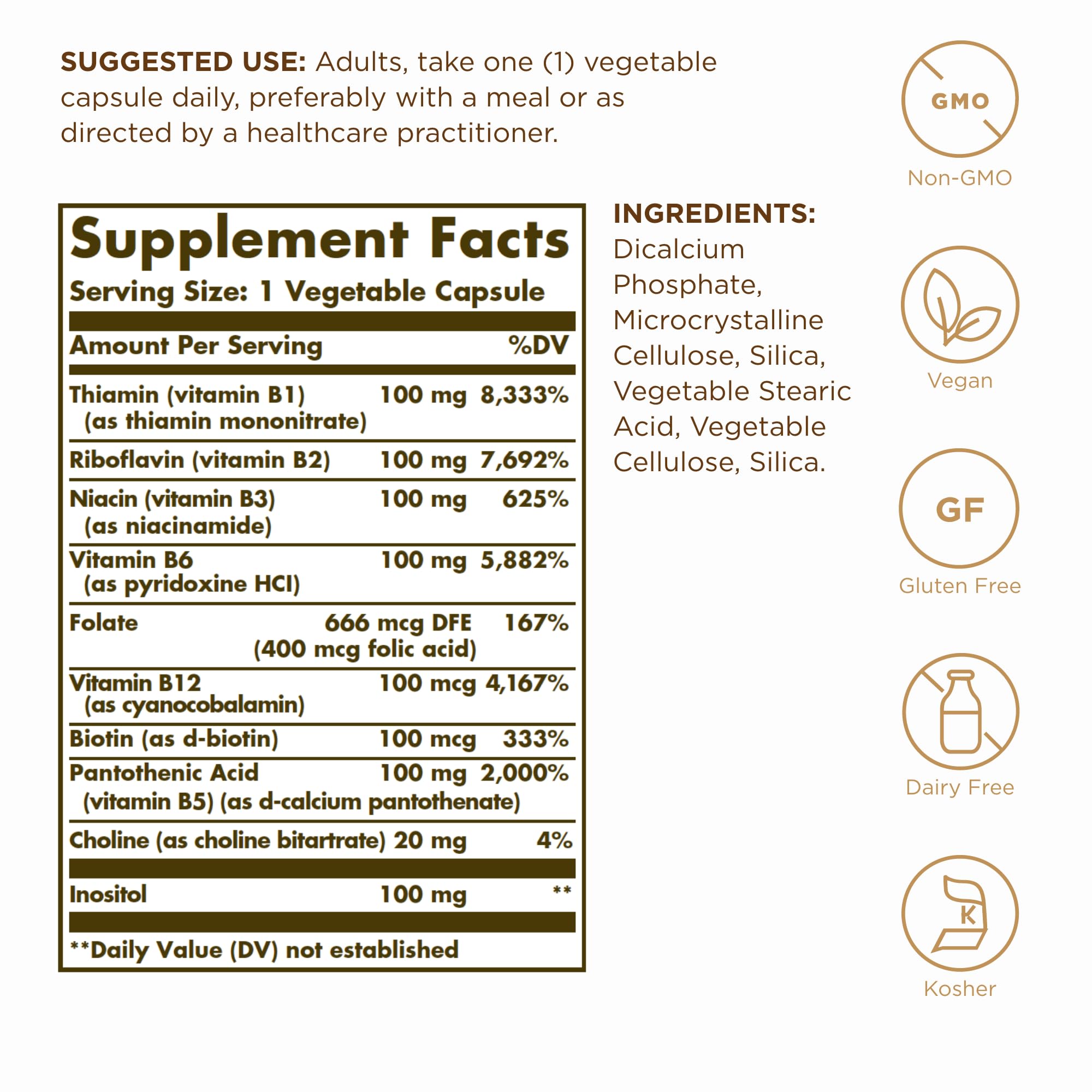Solgar B-Complex 100 — 200 Total Servings (2x100 Veggie Capsules) for Energy Metabolism, Nervous System & Cardiovascular Support | Non-GMO, Vegan, Gluten Free