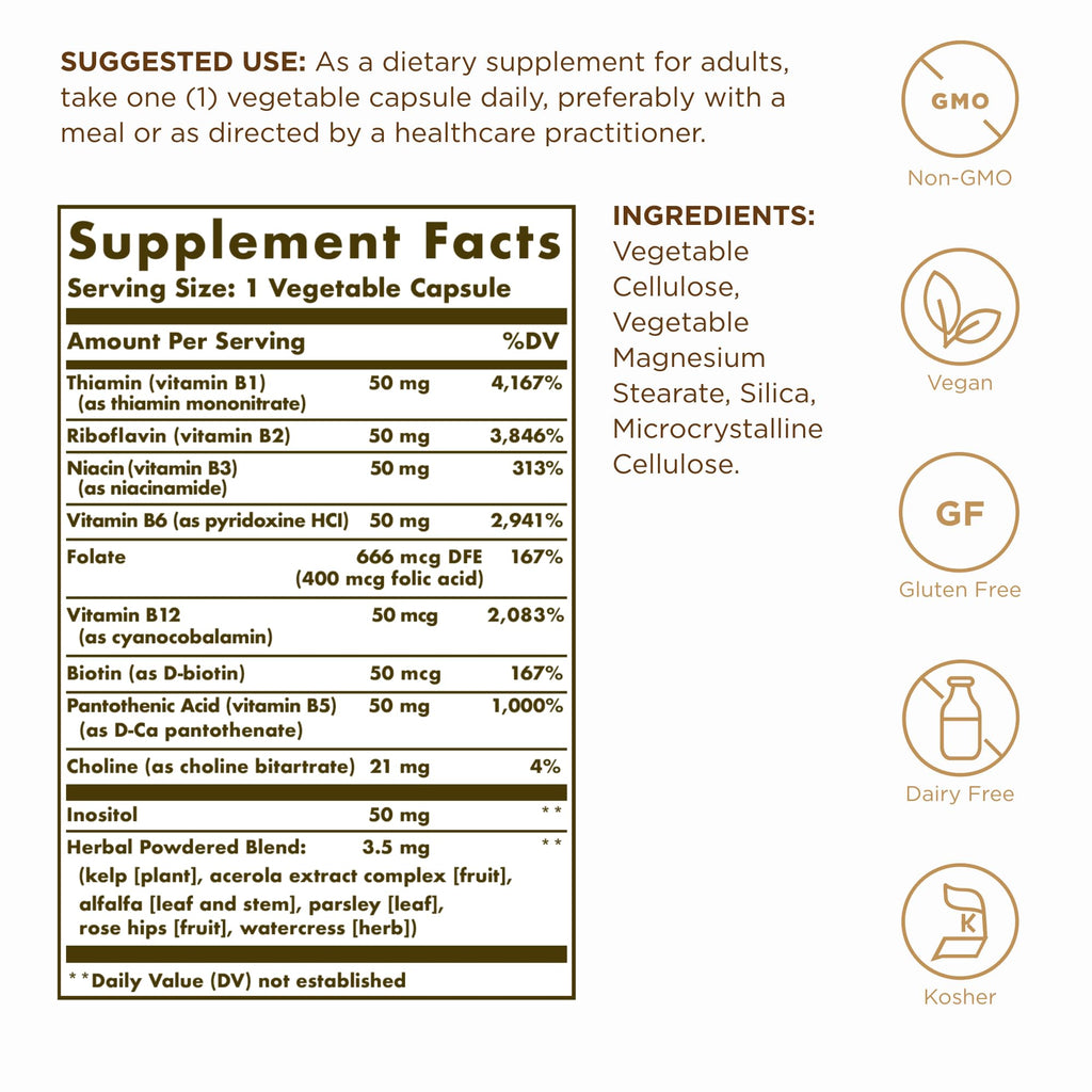 Solgar B-Complex 50 | 100 Veg Capsules | Energy & Nervous System Support