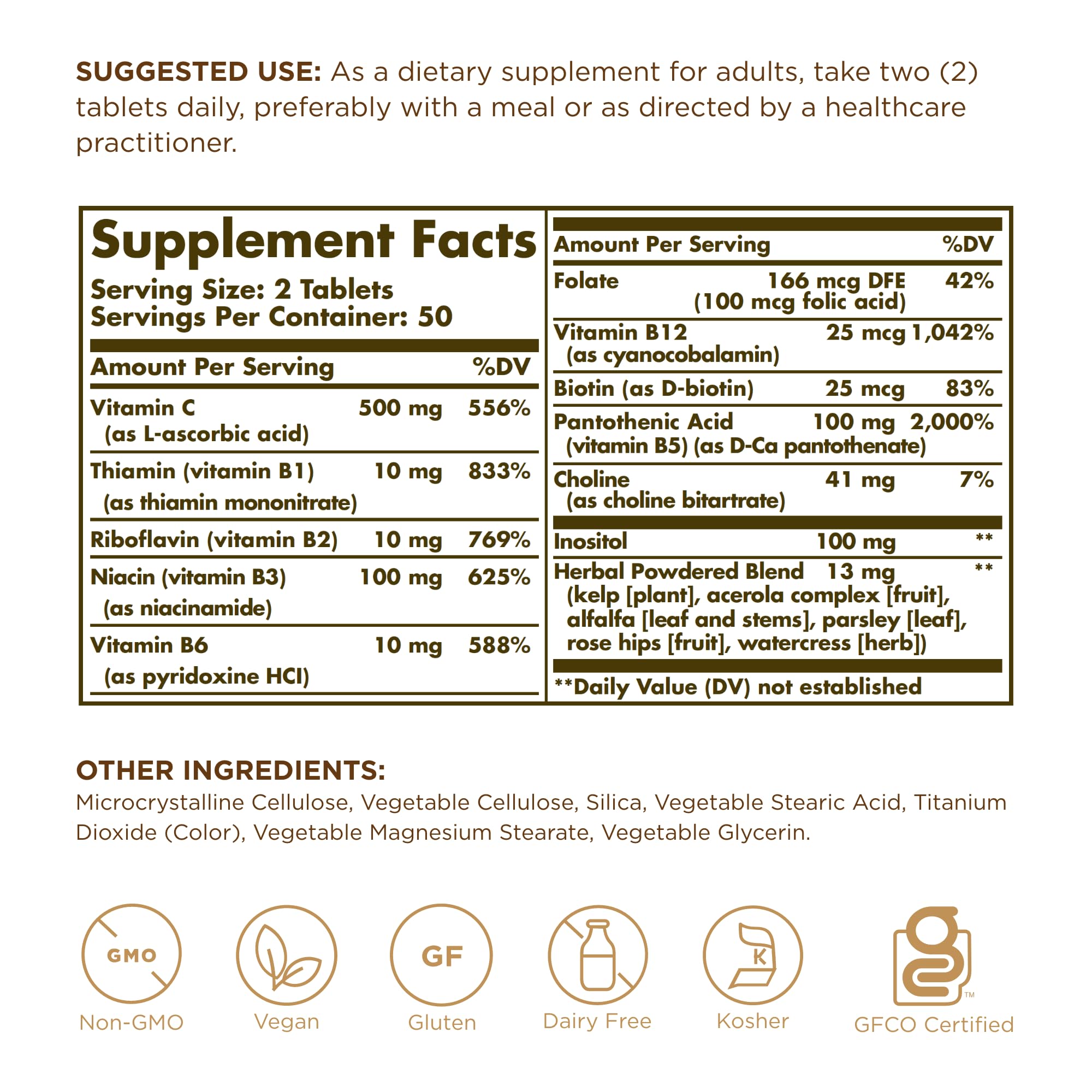 Solgar B-Complex with Vitamin C - 100 Tablets (Pack of 2) | Non-GMO, Vegan, Kosher & Gluten Free