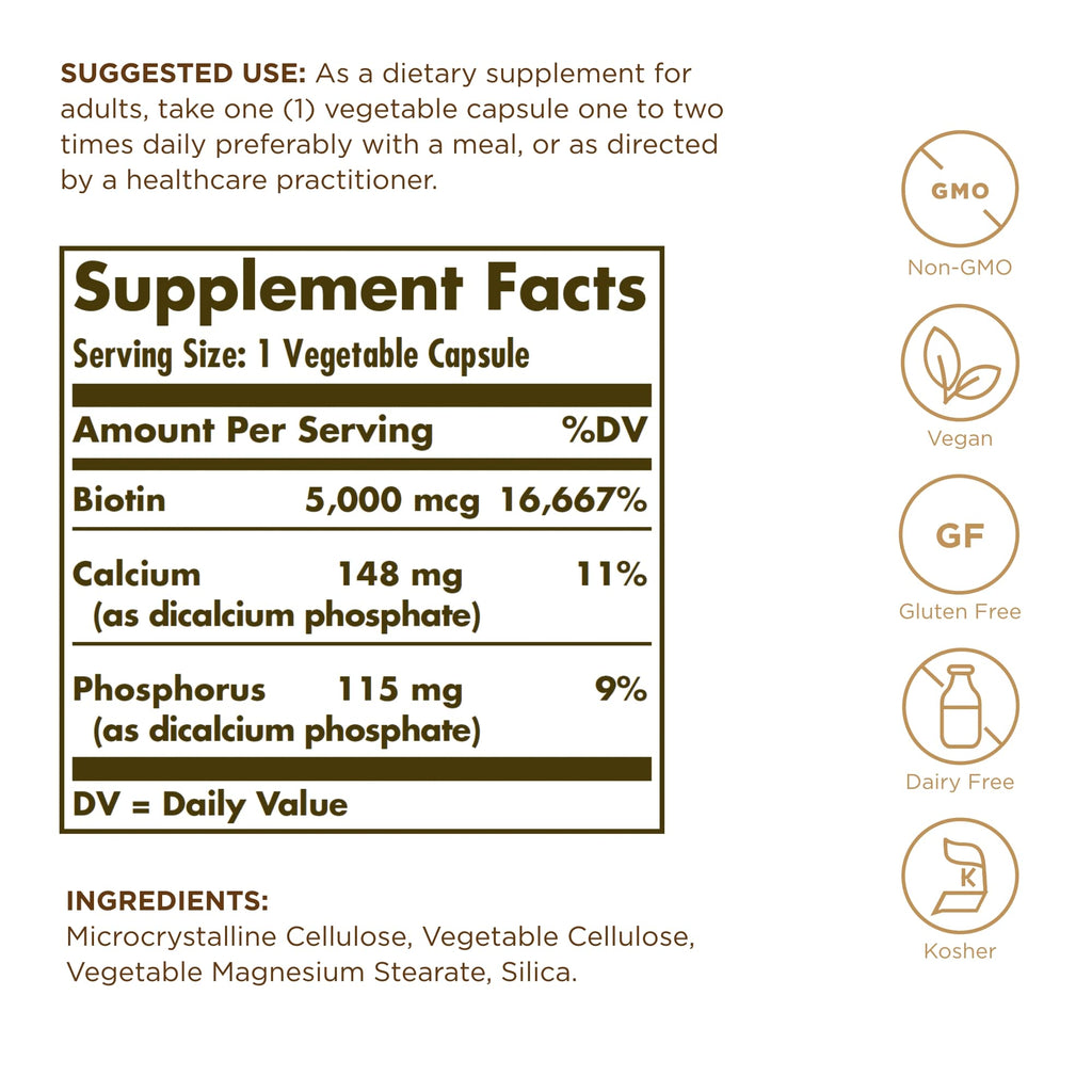 Solgar Biotin 5000 mcg 50 Veg Capsules - Pack of 2 | Skin, Nails & Hair
