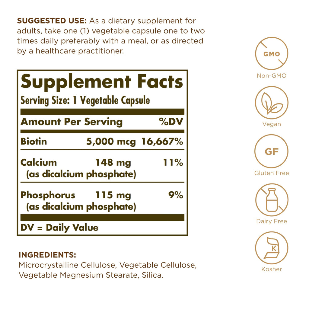 Solgar Biotin 5000 mcg - 50 Veg Capsules | Skin, Nails & Hair Support
