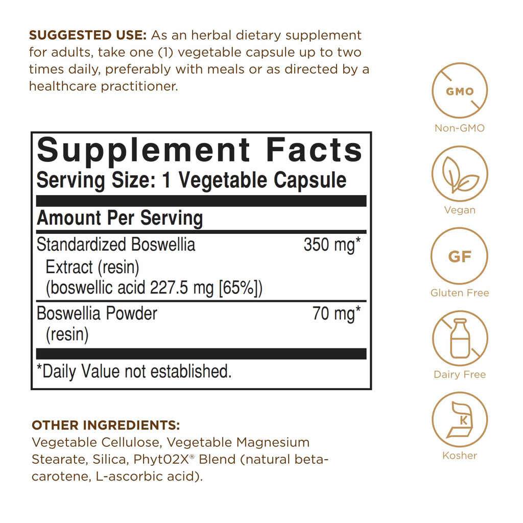 Solgar Boswellia Resin Extract - 60 Vegetable Capsules | Standardized Full Potency (SFP) | Non-GMO, Vegan, Gluten Free, Dairy Free, Kosher | 60 Servings