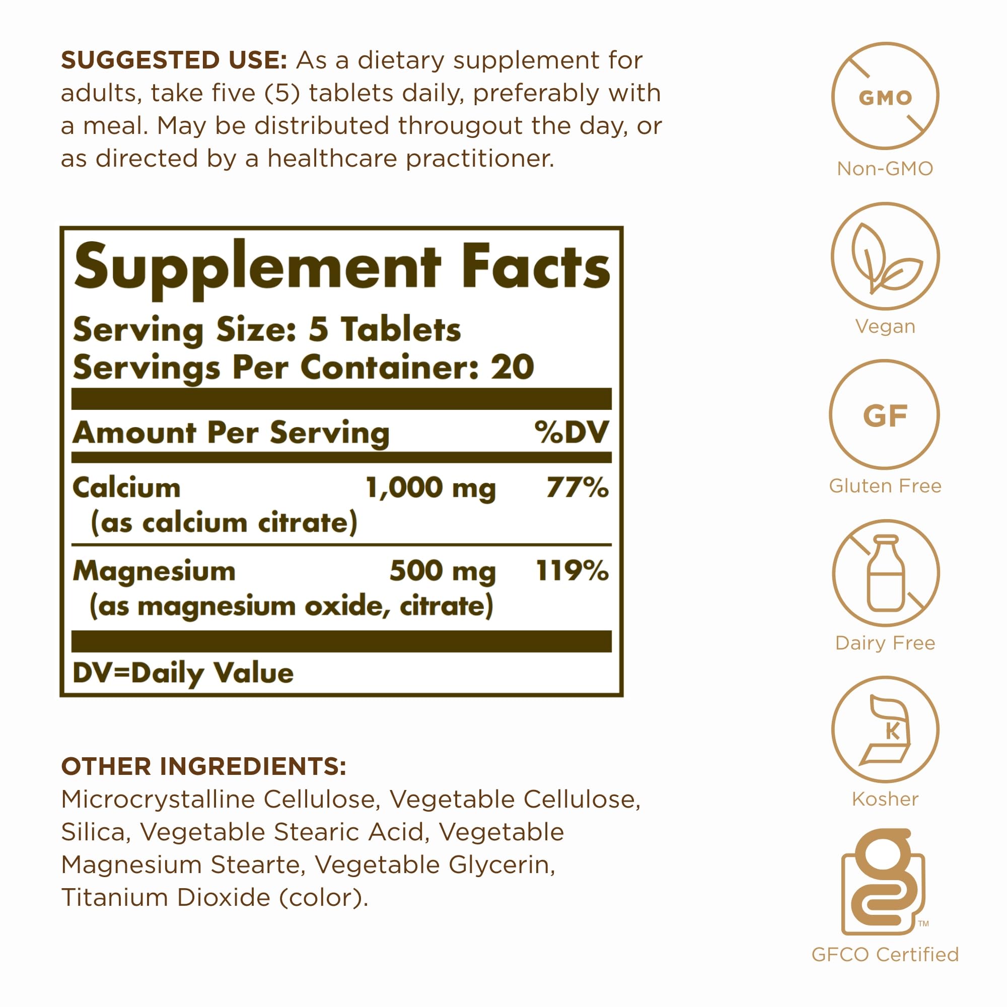 Solgar Calcium Magnesium Citrate – 100 Tablets Pack of 2 – Non-GMO, Vegan, Gluten Free, Kosher | 40 Servings