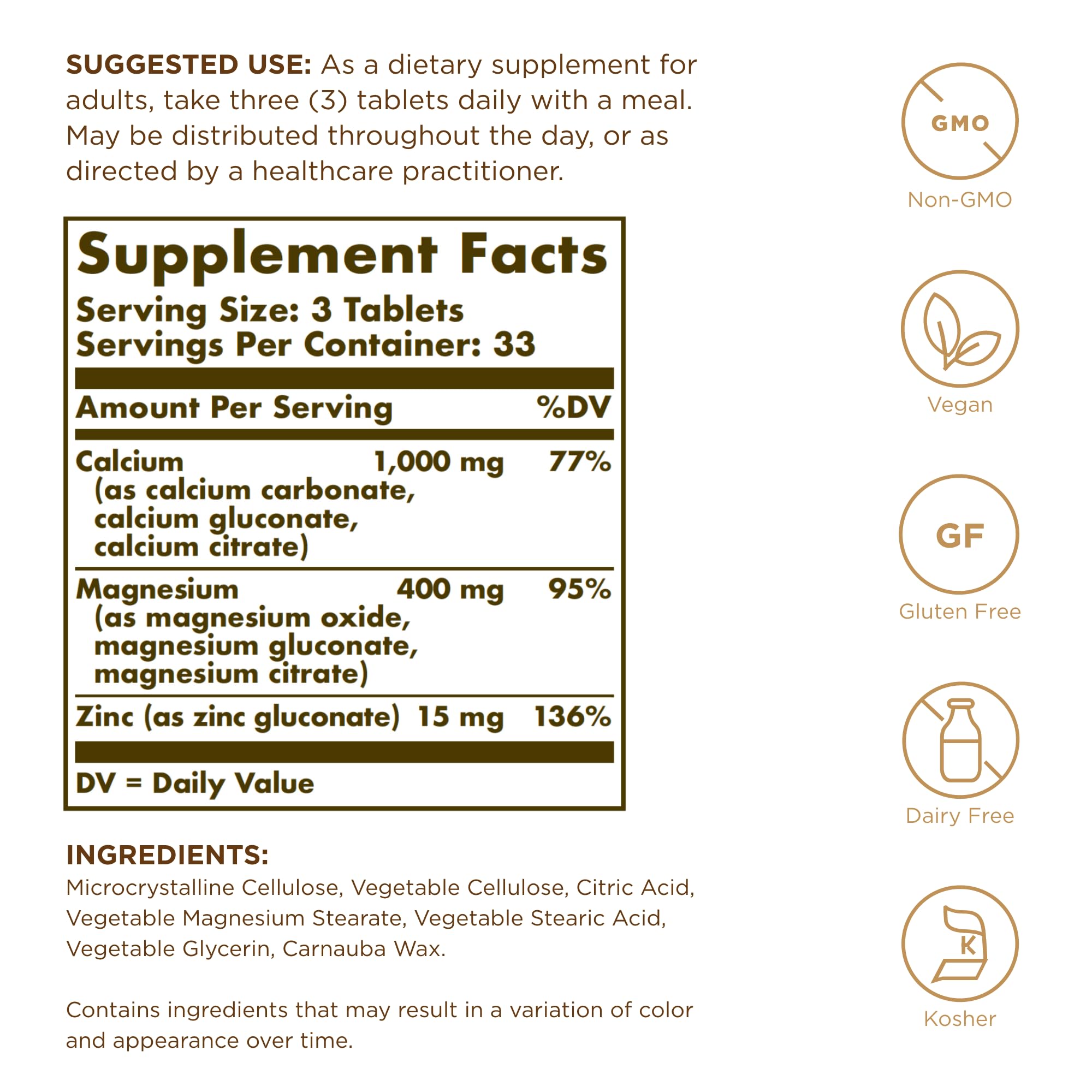 Solgar Calcium Magnesium Plus Zinc – 3-Pack (300 Tablets) for Bone & Nerve Health