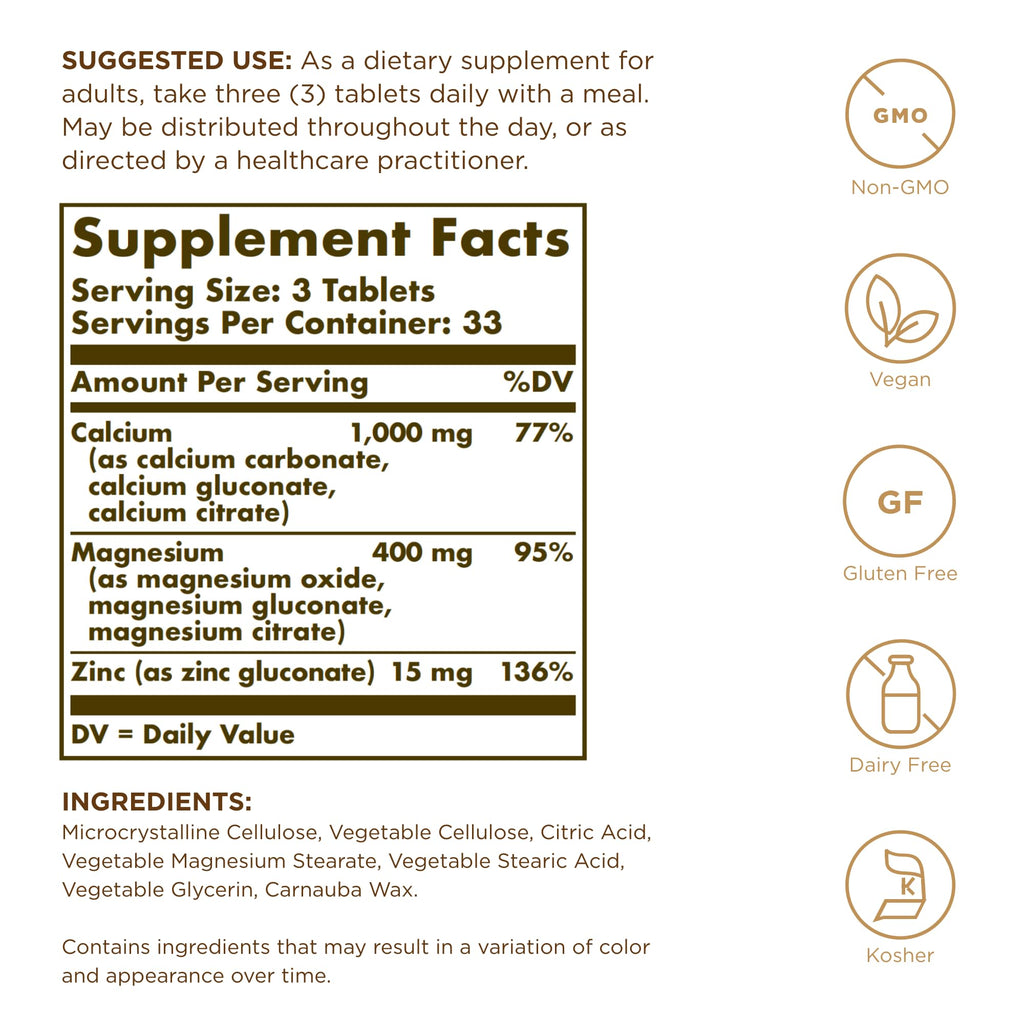 Solgar Calcium Magnesium Plus Zinc – 3-Pack (300 Tablets) for Bone & Nerve Health