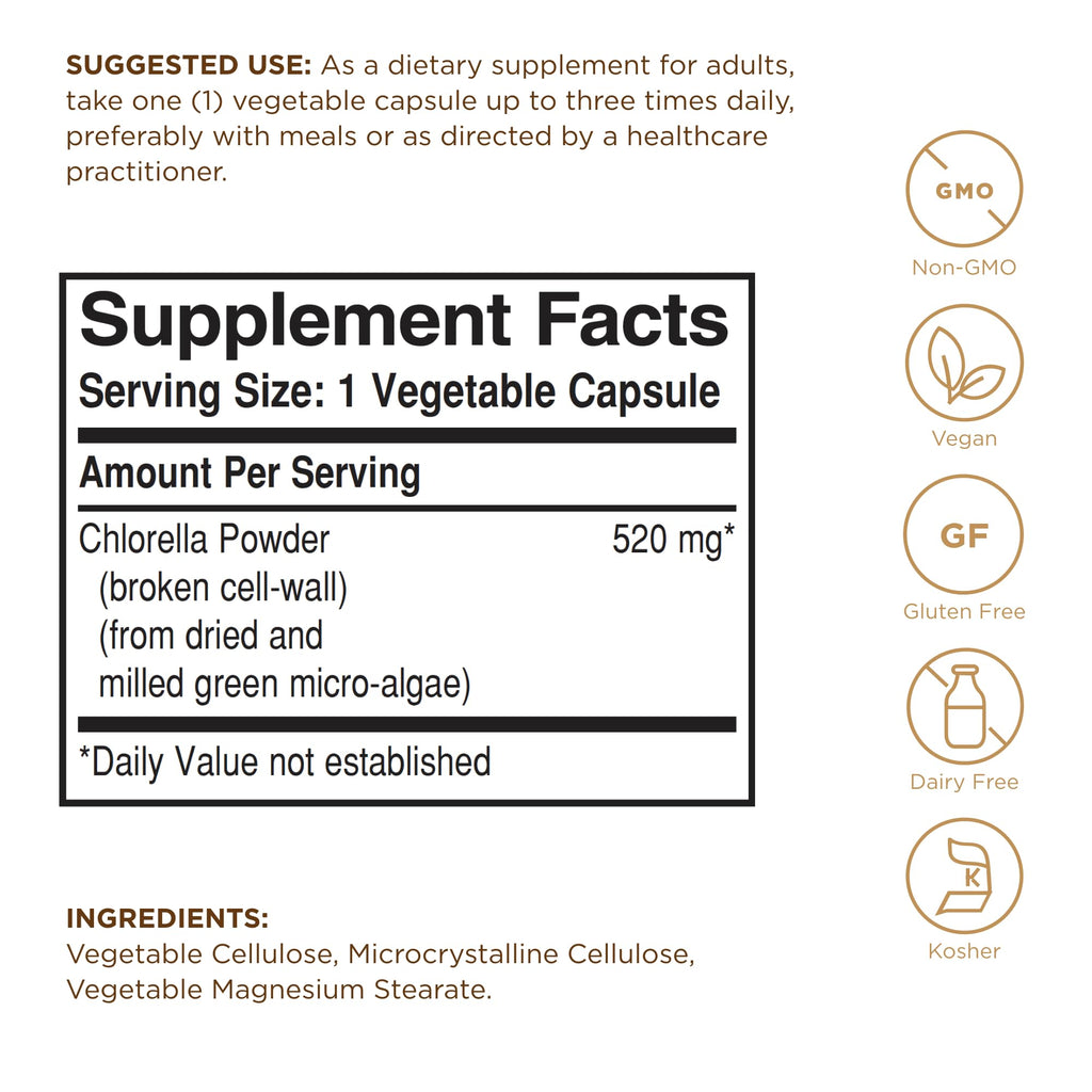 Solgar Chlorella 100 Vegetable Capsules - Maximum Absorption | Non-GMO, Vegan, Gluten Free, Kosher - 100 Servings
