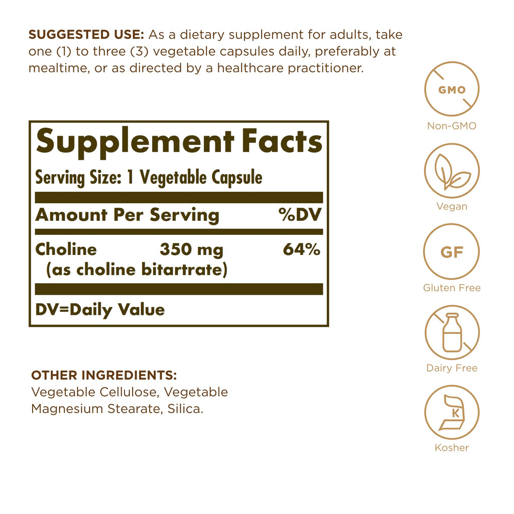 Solgar Choline 350 mg - 100 Vcaps (2-Pack) Non-GMO, Vegan, Kosher