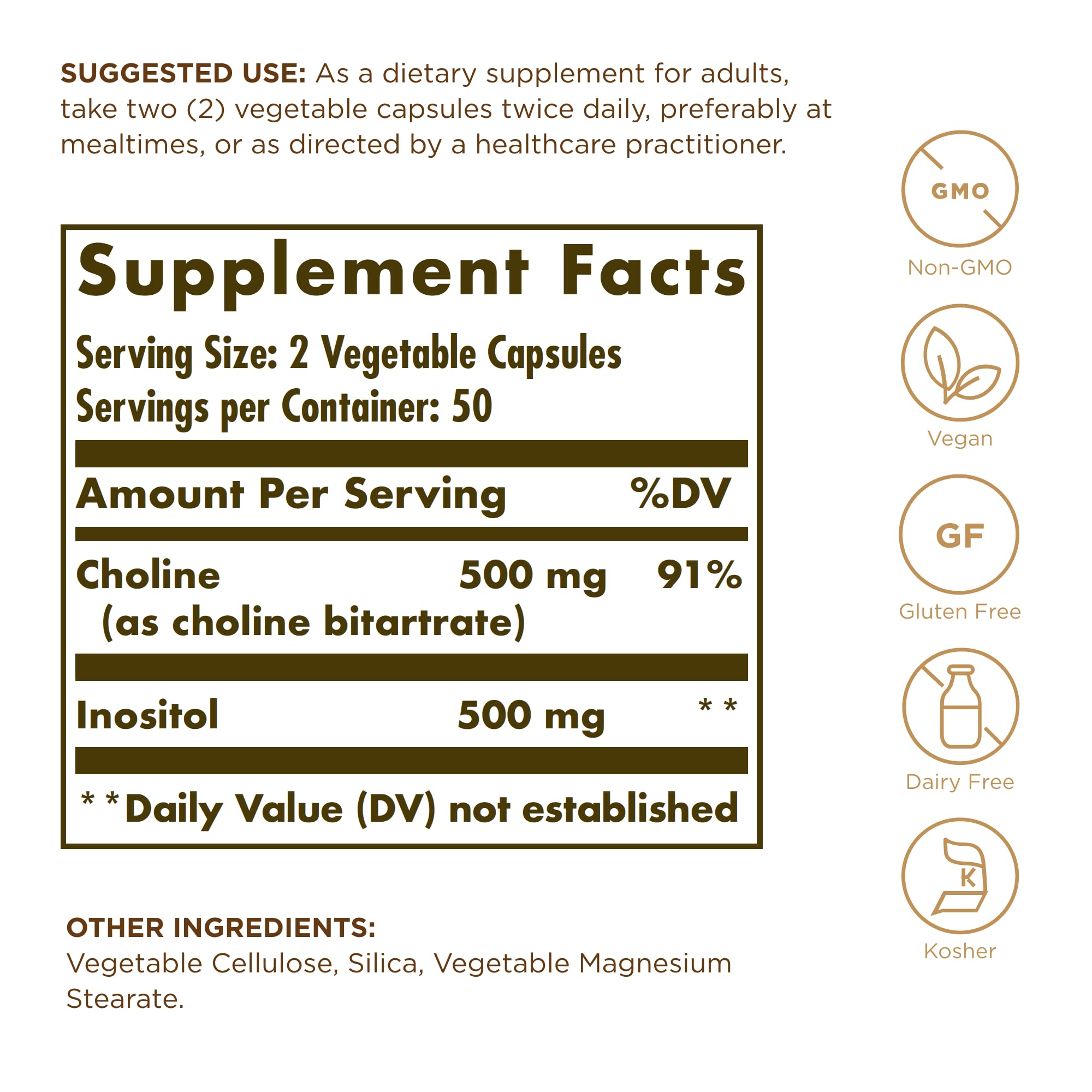 Solgar Choline/Inositol 500 mg/500 mg - 100 Veg Capsules (Pack of 3) | Energy Metabolism, Liver Health