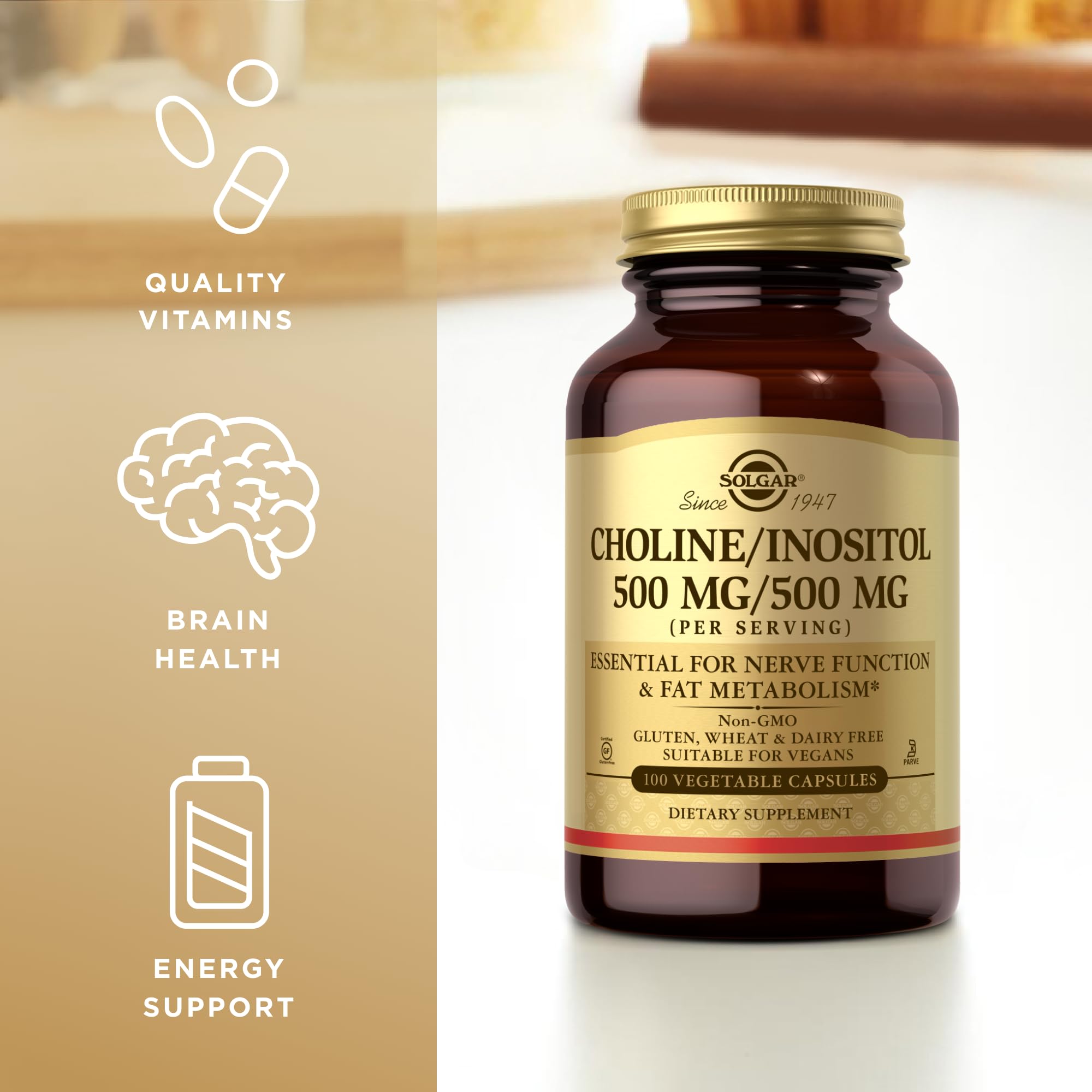 Solgar Choline & Inositol 500 mg/500 mg | 100 Veg Capsules (Pack of 2) | Energy Metabolism, Liver Health, Brain & Nerve Support | Non-GMO, Vegan, Kosher
