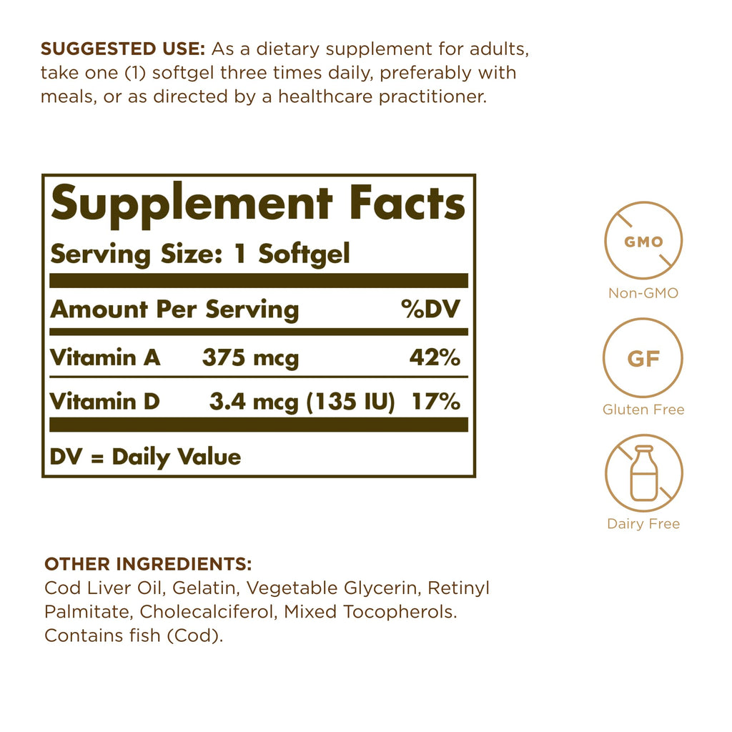 Solgar Cod Liver Oil - 250 Softgels (Pack of 2) | Vitamins A & D | Non-GMO, Gluten Free