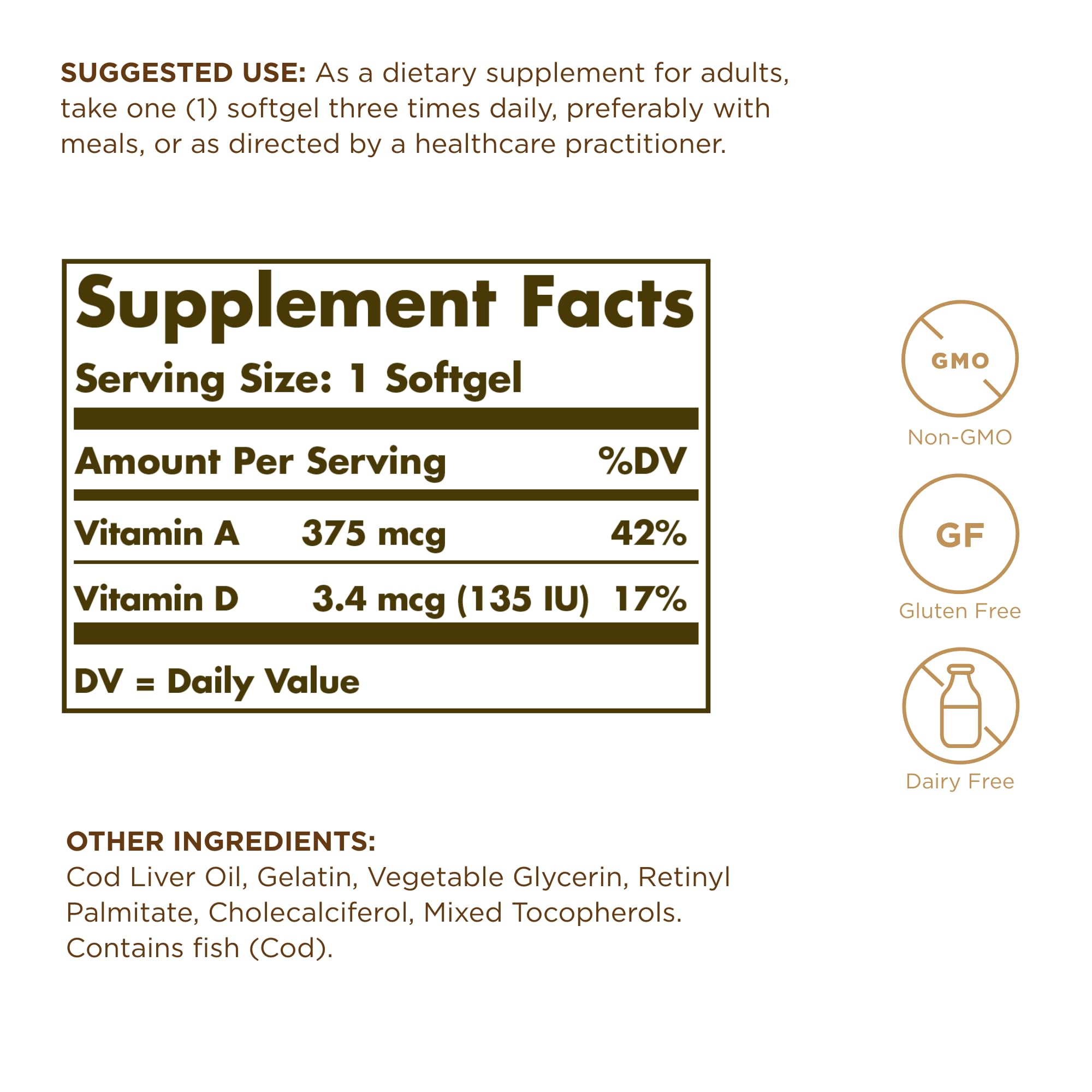 Solgar Cod Liver Oil - 250 Softgels (Pack of 2) | Vitamins A & D | Non-GMO, Gluten Free