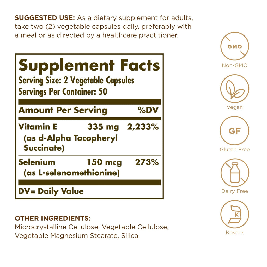 Solgar Dry Vitamin E with Yeast-Free Selenium - 100 Veg Capsules - 50 Servings