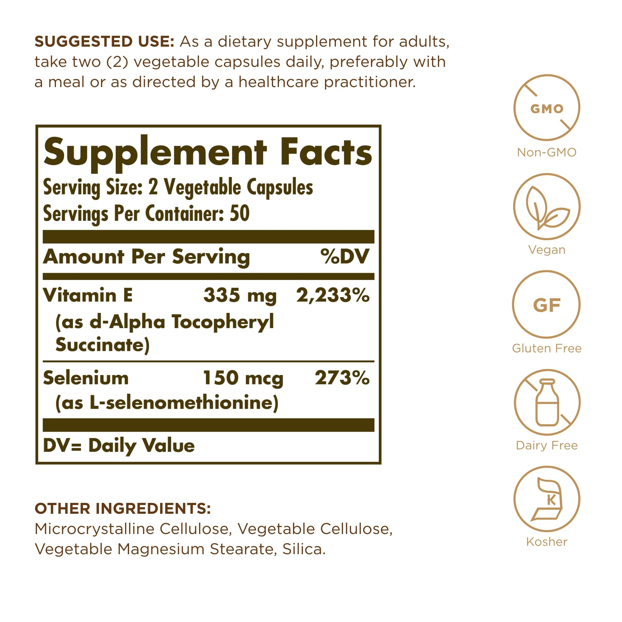 Solgar Dry Vitamin E with Yeast-Free Selenium - 100 Veg Capsules - 50 Servings